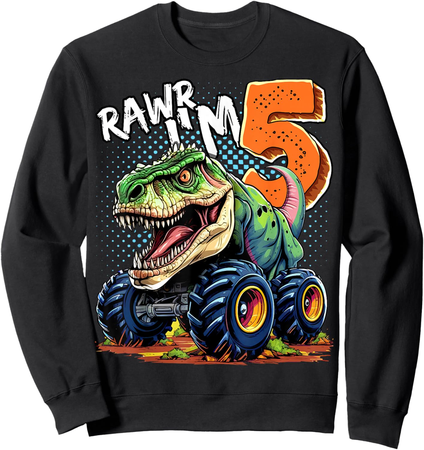 Monster Truck Dinosaur T-Rex 5th Birthday Boy 5 Year Old Sweatshirt - Sweatshirt | Black