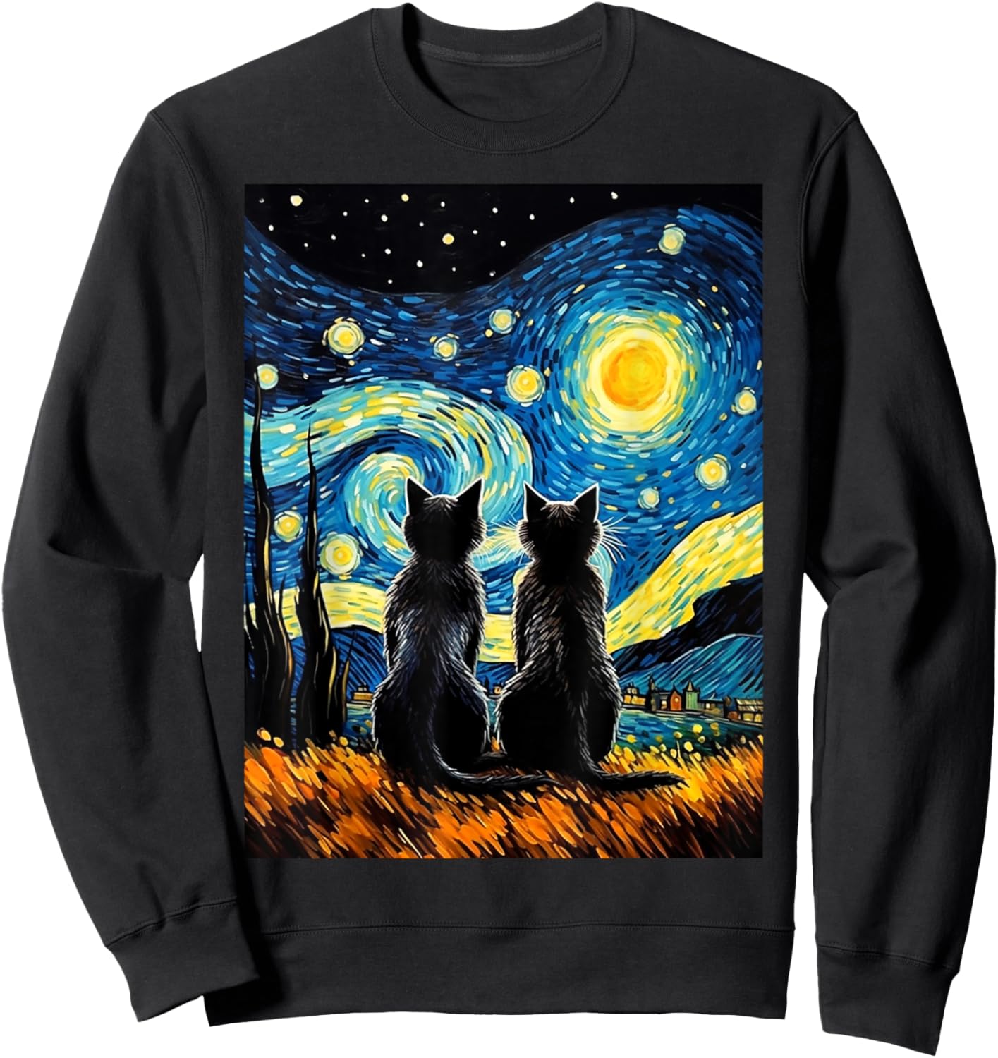 Black Cats Lover Starry Night Vincent van Gogh Sweatshirt - Sweatshirt | Black