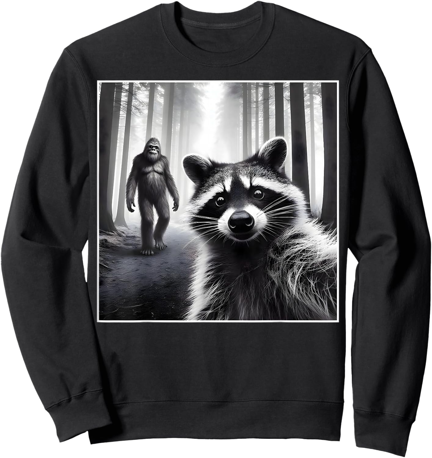 Scared Raccoon Selfie with Sasquatch Bigfoot Funny Raccoon Sweatshirt - Sweatshirt | Black