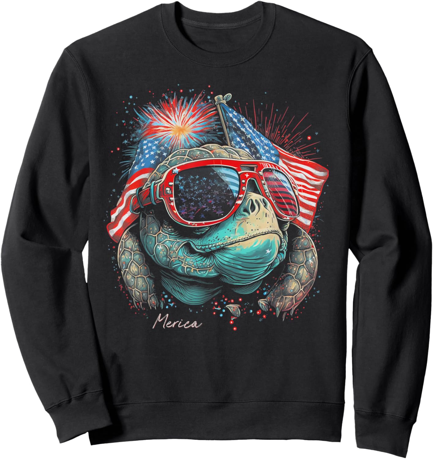 Sea Turtle 4th of July American Flag USA America Funny Sweatshirt - Sweatshirt | Black