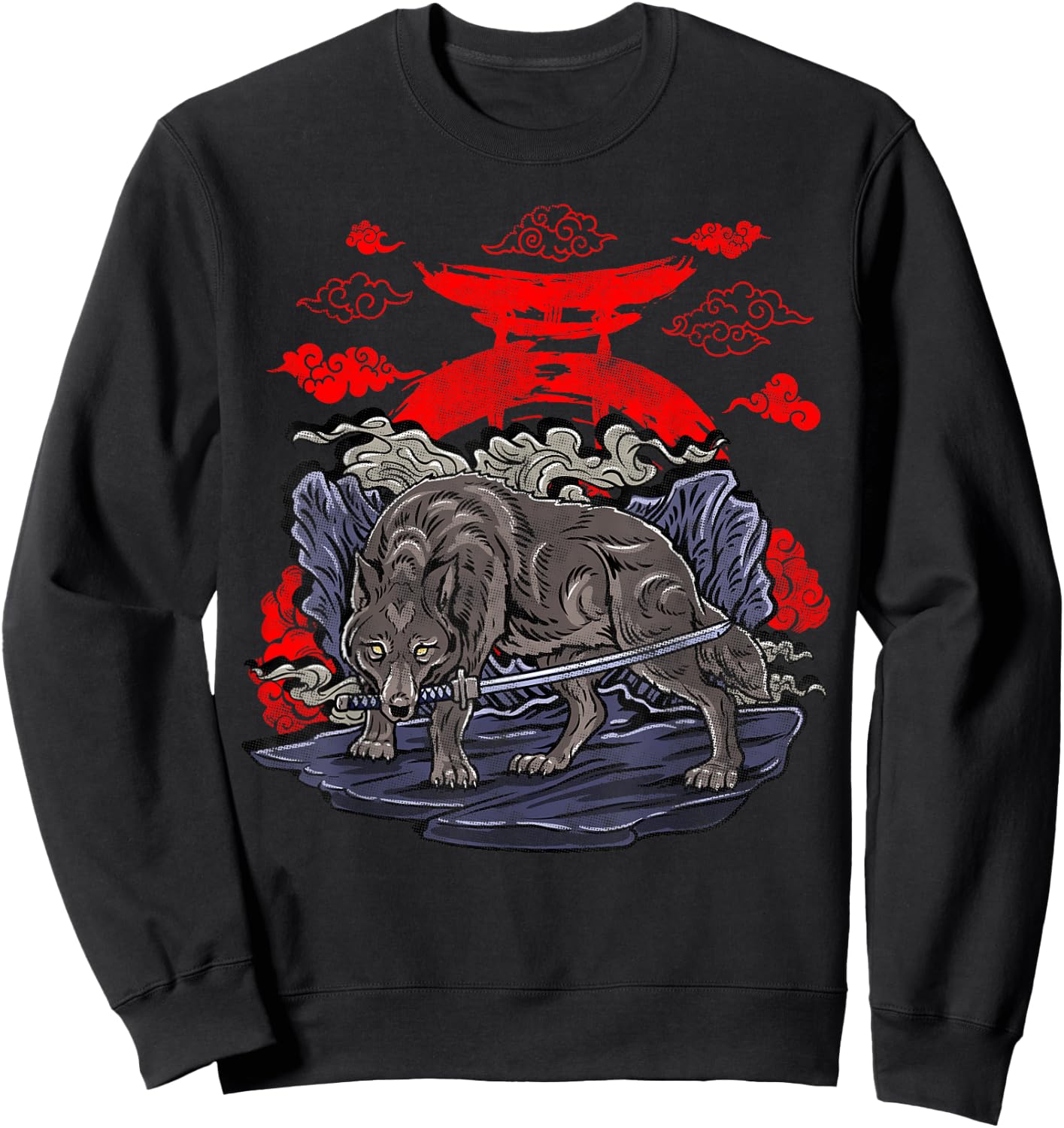 Wolf with Katana Japanese Wolf Art Sweatshirt - Sweatshirt | Black