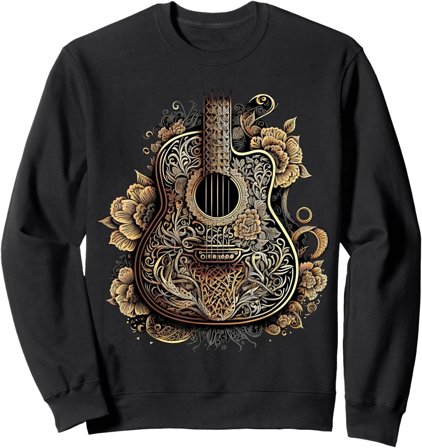 Guitar Graphic Music Lover - Acoustic Guitar Musician Floral Sweatshirt - Sweatshirt | Black