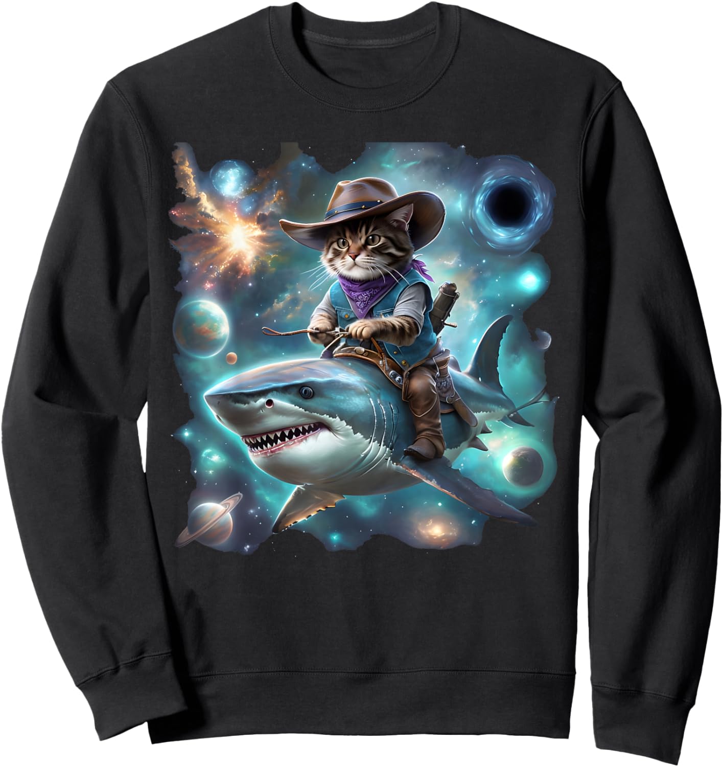Cat Riding Shark Rainbow Galaxy Cat Cowboy Shark Humor Sweatshirt - Sweatshirt | Black