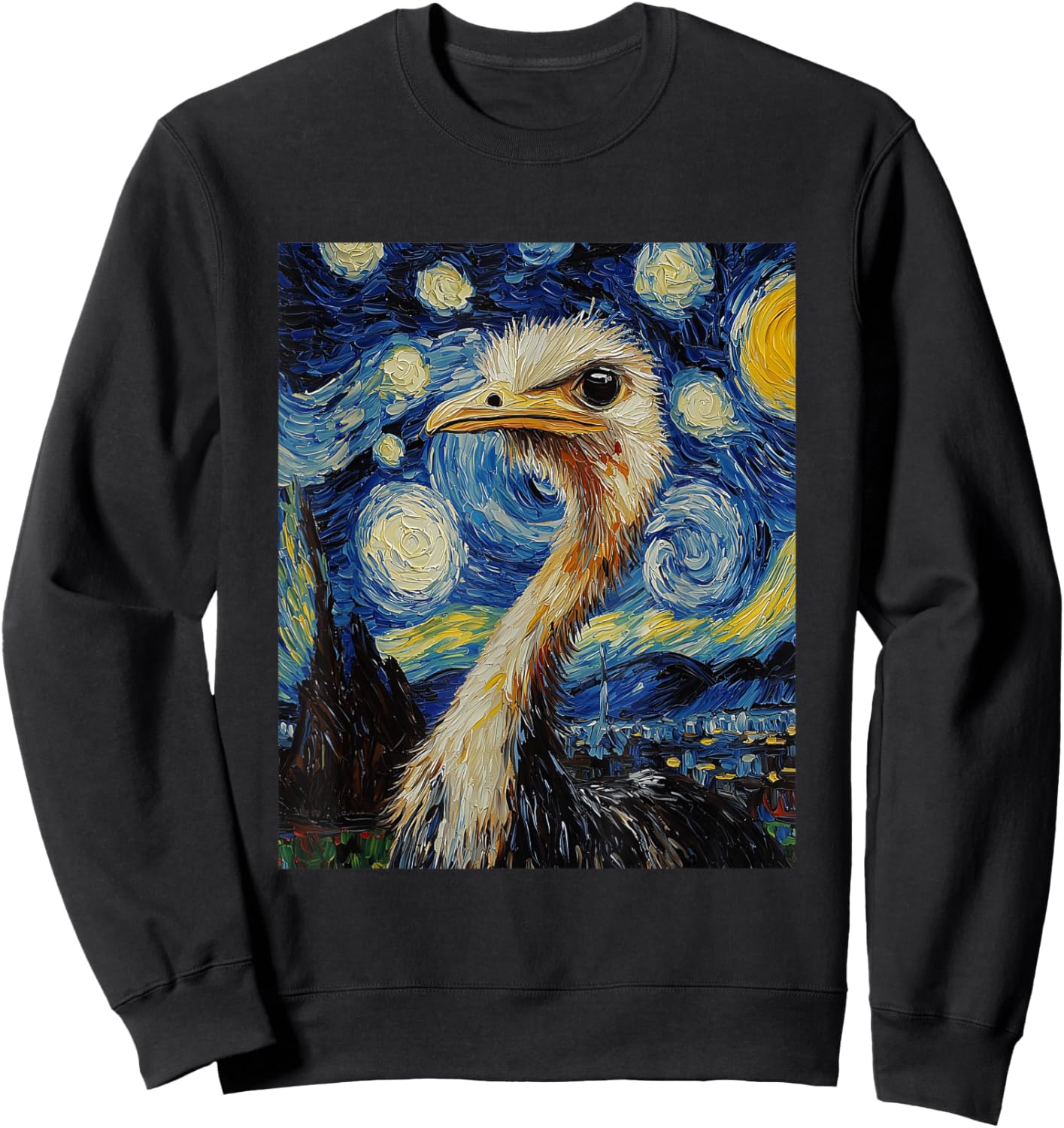 Funny Ostrich - Van Gogh Style - Starry Night Graphic Sweatshirt - Sweatshirt | Black