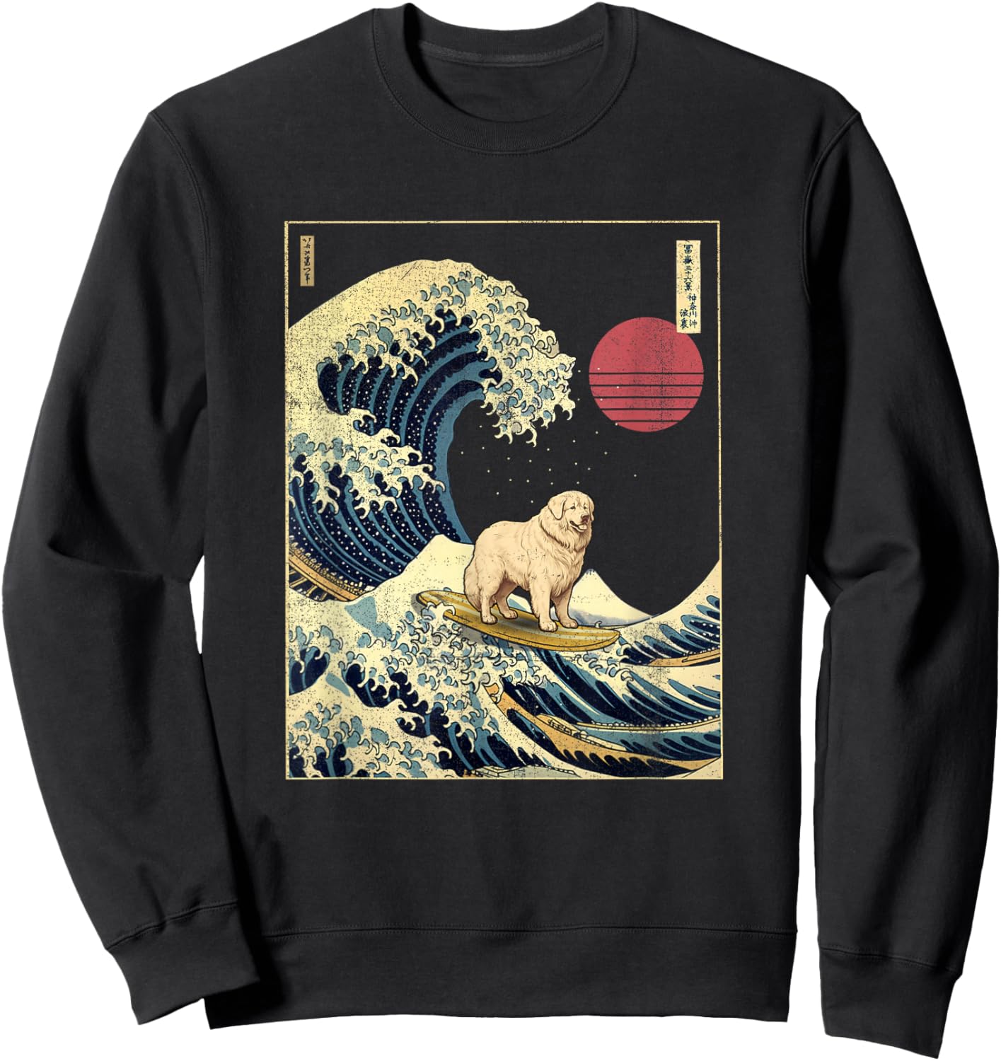Great Pyrenees Japanese Kanagawa Wave Funny Surf Dog Sweatshirt - Sweatshirt | Black