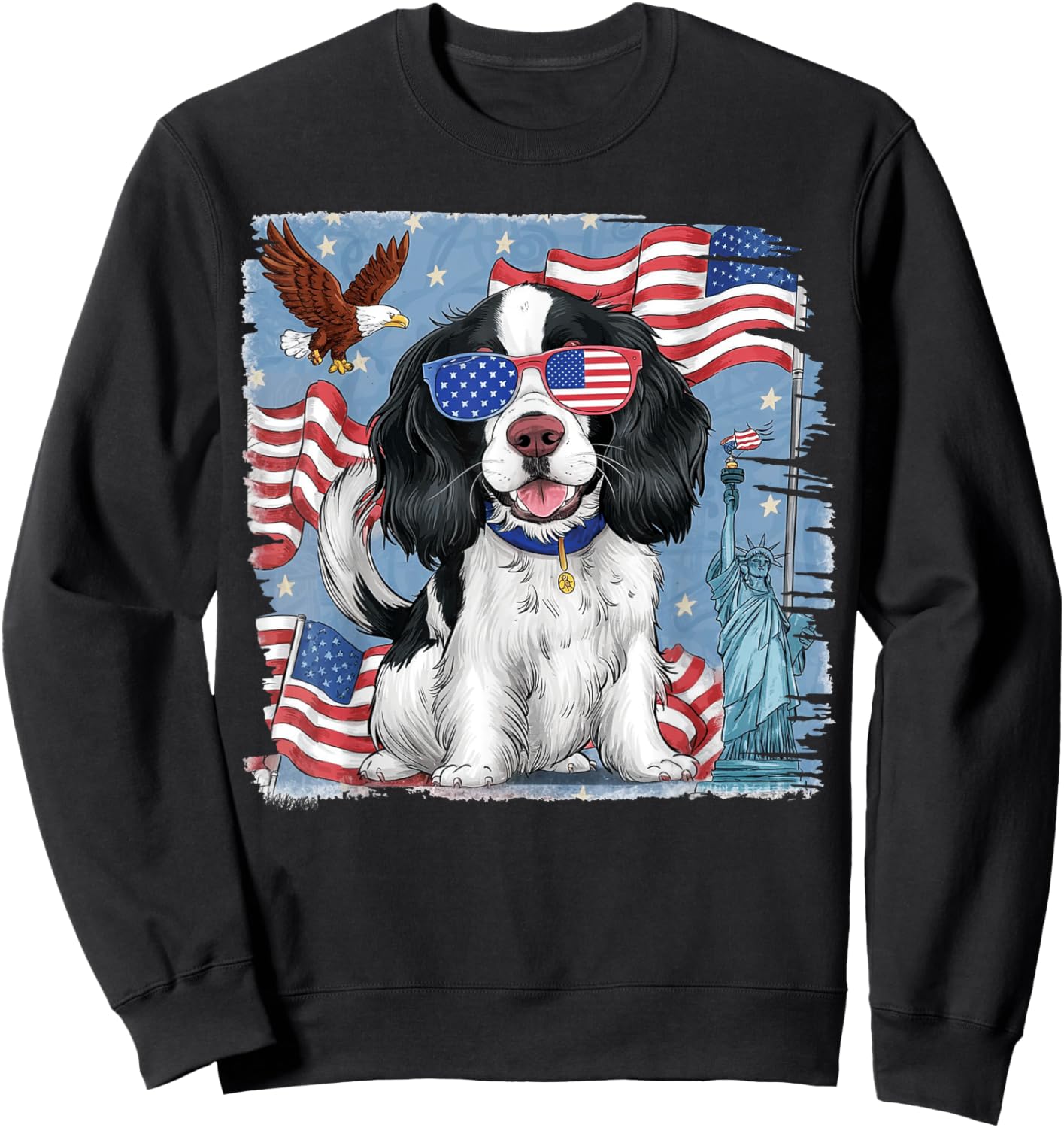 English Springer Spaniel Dog with American Flag 4th of July Women Kids Men Sweatshirt - Sweatshirt | Black