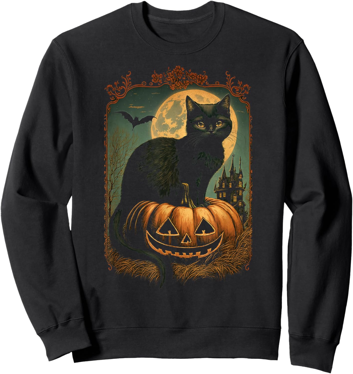 Black Cat Sitting On Jack-o-lantern On Halloween Night Women Kids Sweatshirt - Sweatshirt | Black