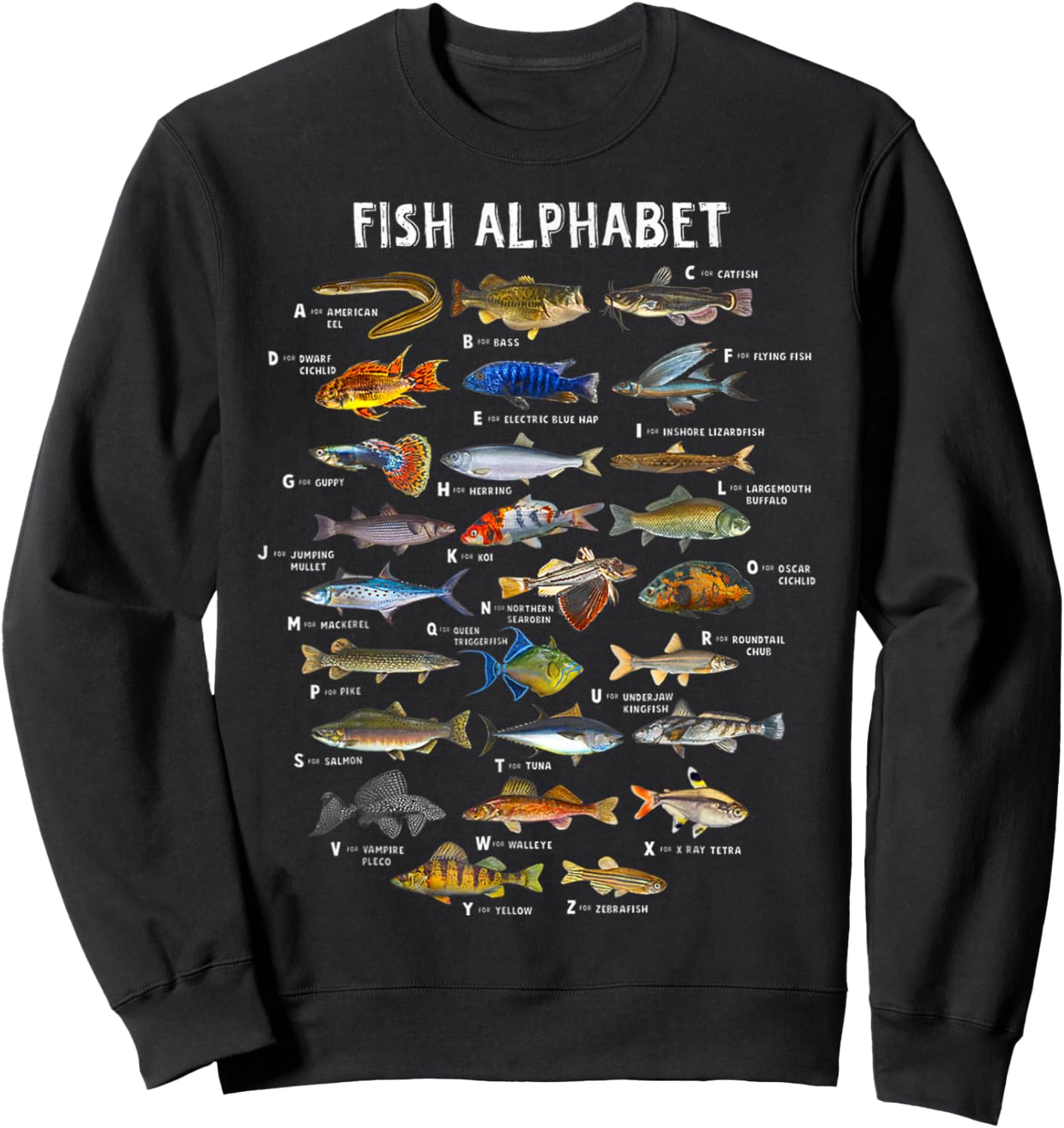 Fish Alphabet Educational Freshwater Species Fishing Sweatshirt - Sweatshirt | Black