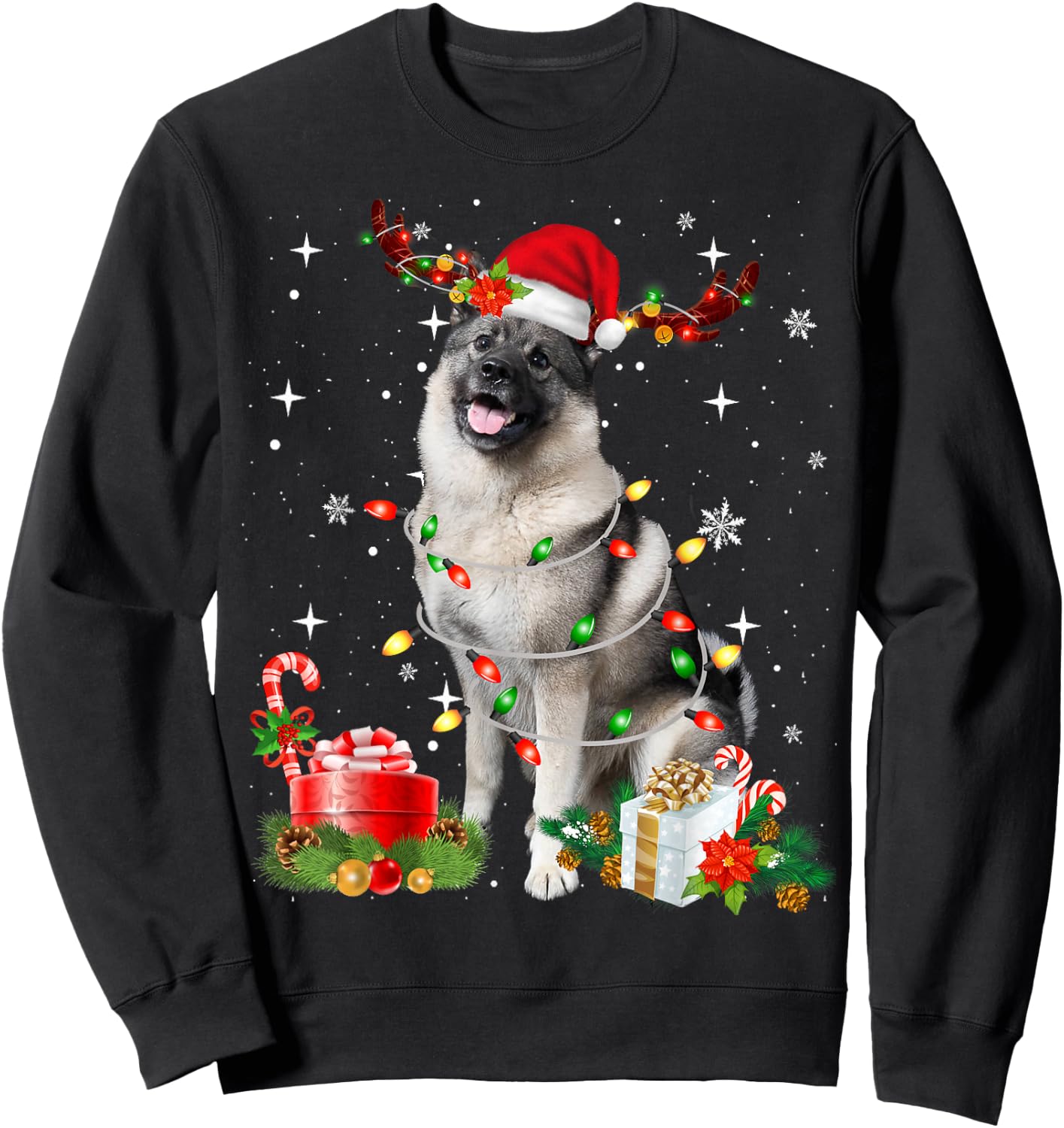 Funny Norwegian Elkhound Santa Hat Christmas Lights Pajama Sweatshirt - Sweatshirt | Black