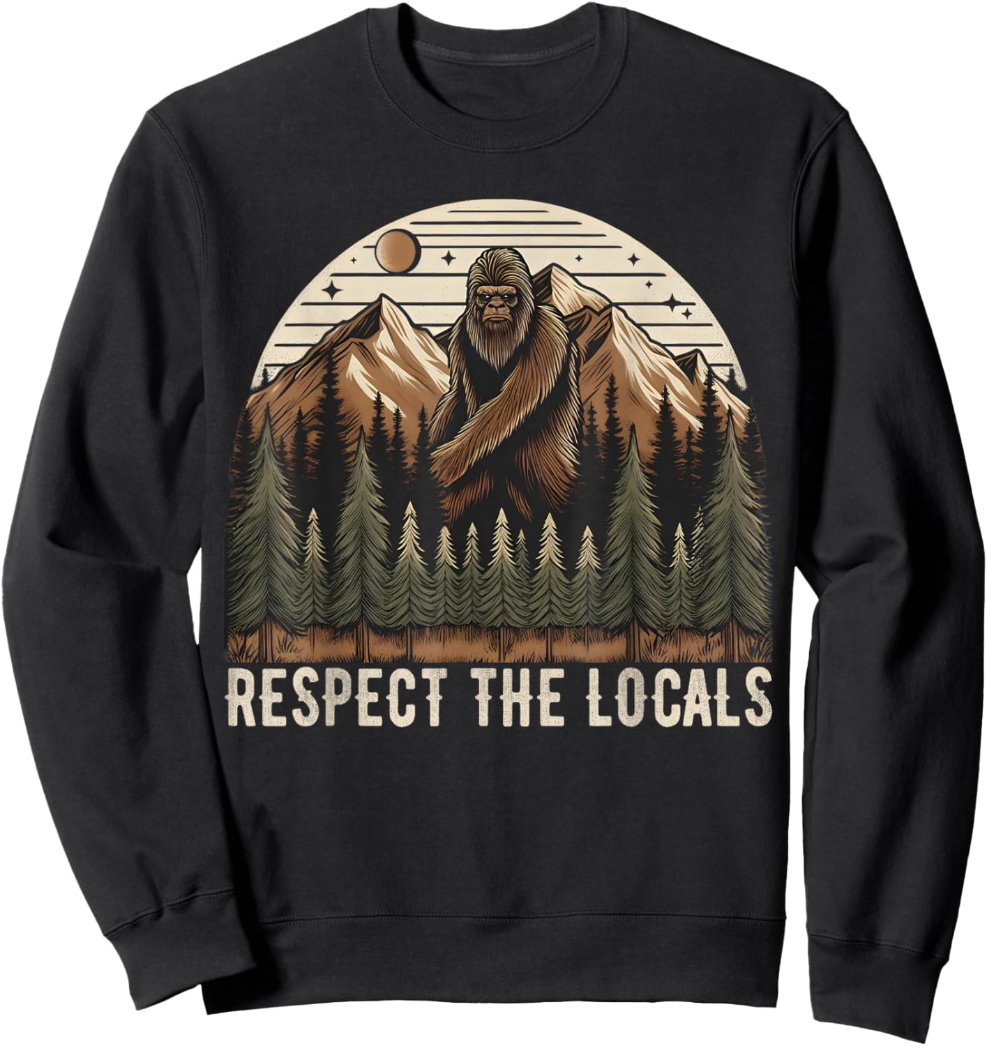 Vintage Respect the Locals Hiking Camping Climbing Bigfoot Sweatshirt - Sweatshirt | Black