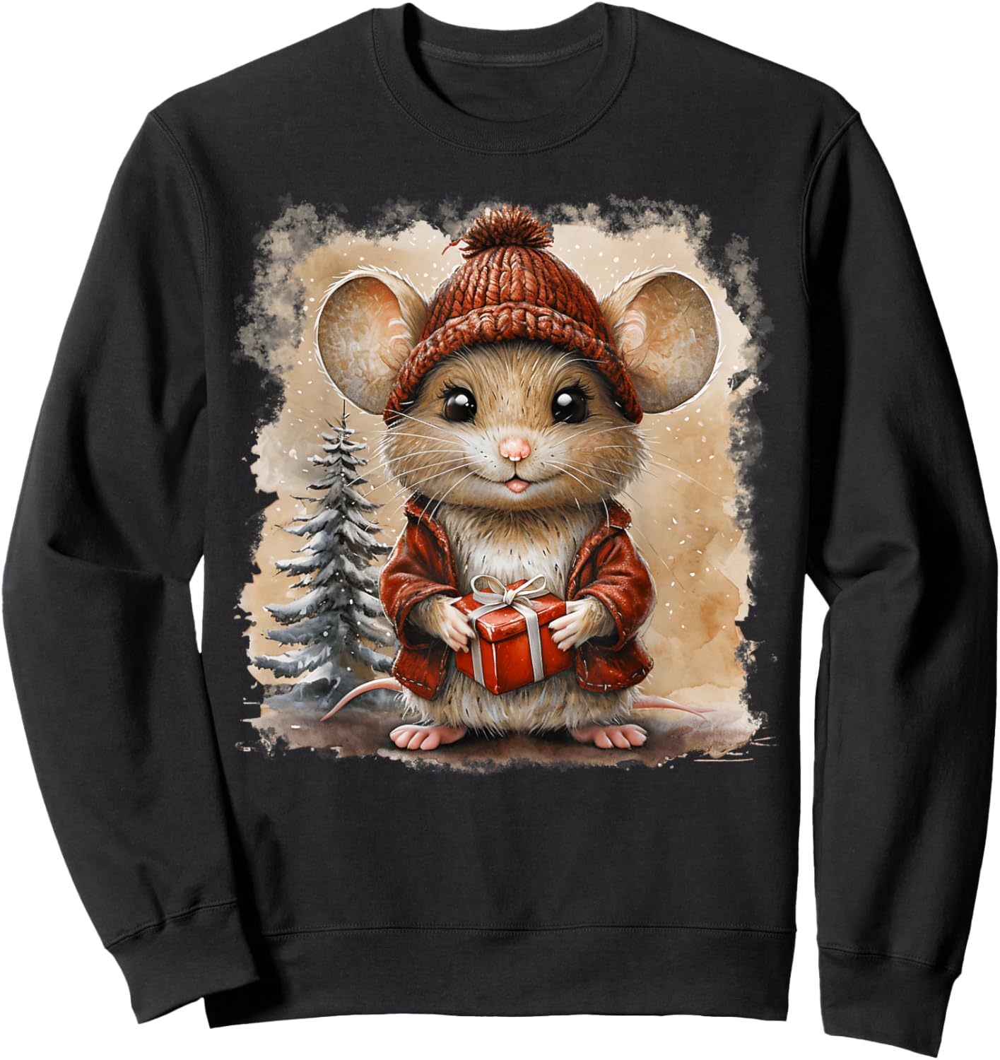Cute Mouse Christmas Mouse Wearing Santa Hat Matching Pajama Sweatshirt - Sweatshirt | Black