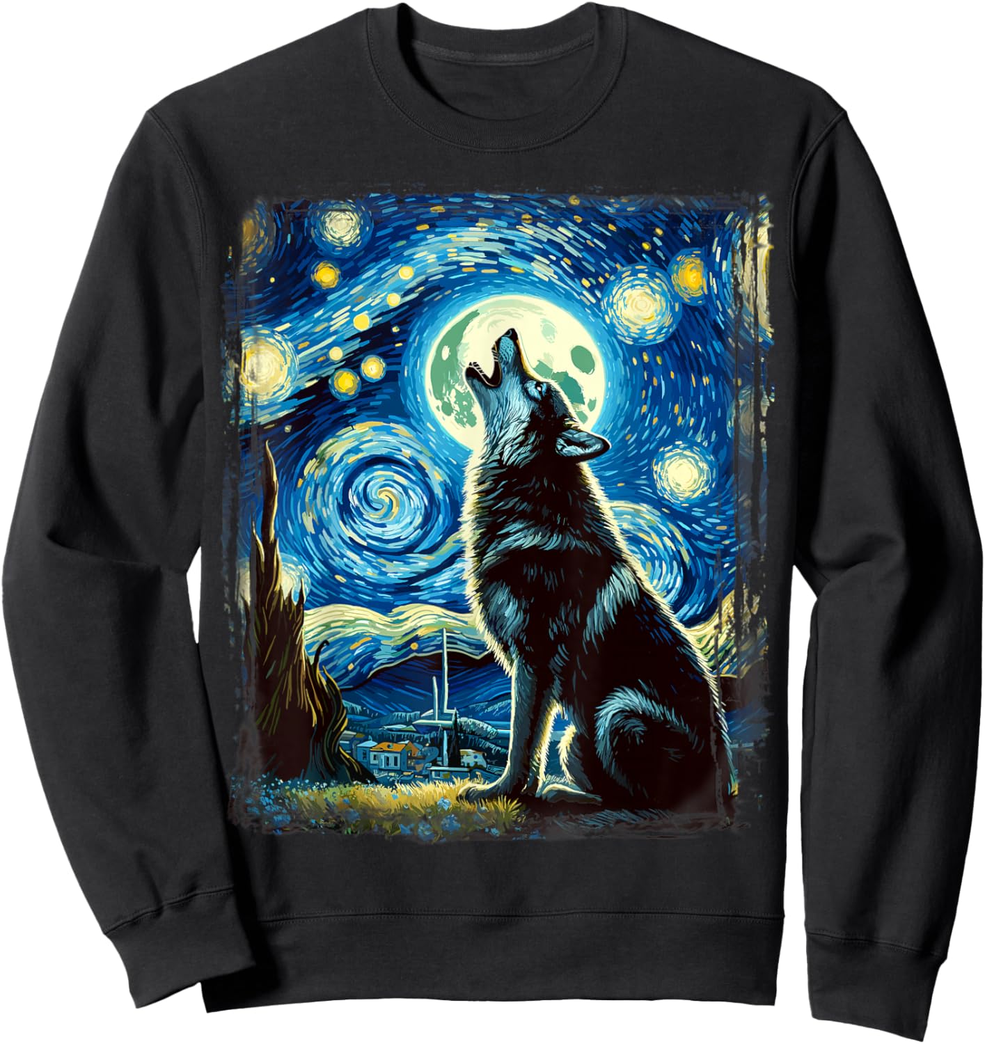 Wolf Star Gazer - Artistic Van Gogh Style Starry Night Wolf Sweatshirt - Sweatshirt | Black