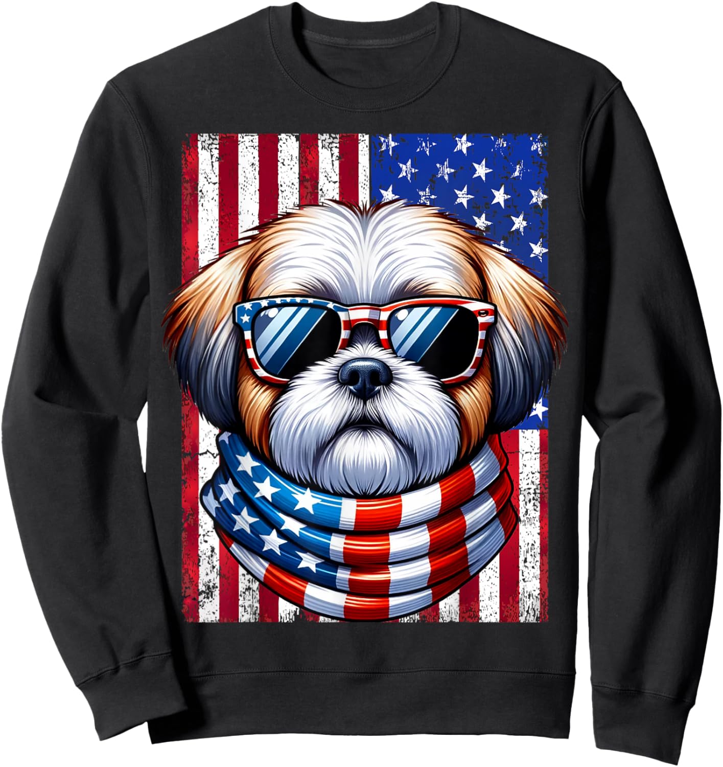 Shih Tzu Wearing American Flag 4th of July Patriotic Dog Sweatshirt - Sweatshirt | Black