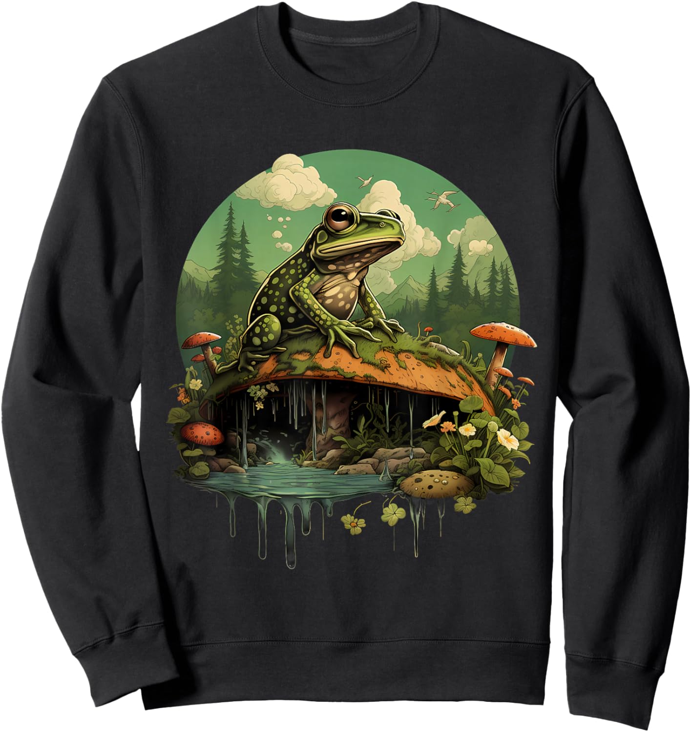 Frog Mushroom Toad Landscape Forest Nature Animal Art Sweatshirt - Sweatshirt | Black