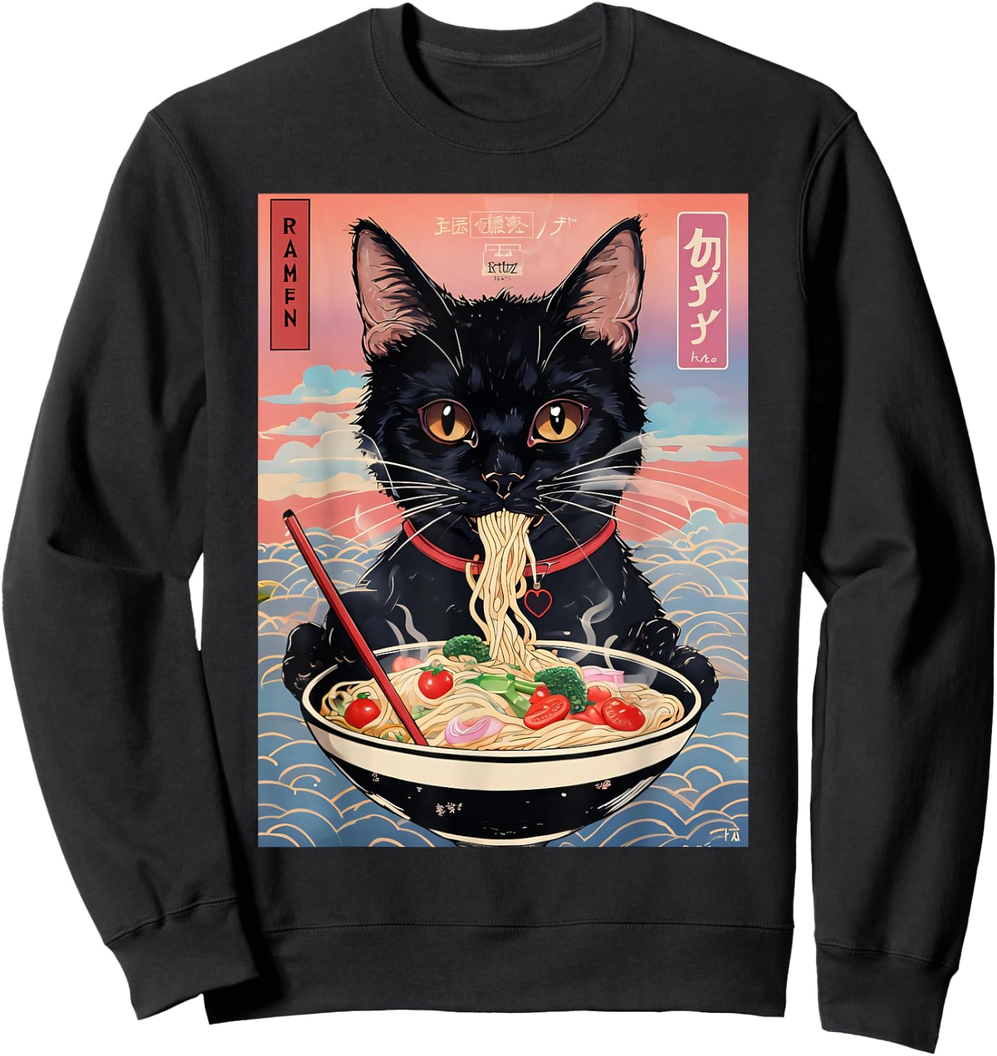 Anime Manga Kawaii Otaku Style Urban Streetwear Ramen Cat Sweatshirt - Sweatshirt | Black