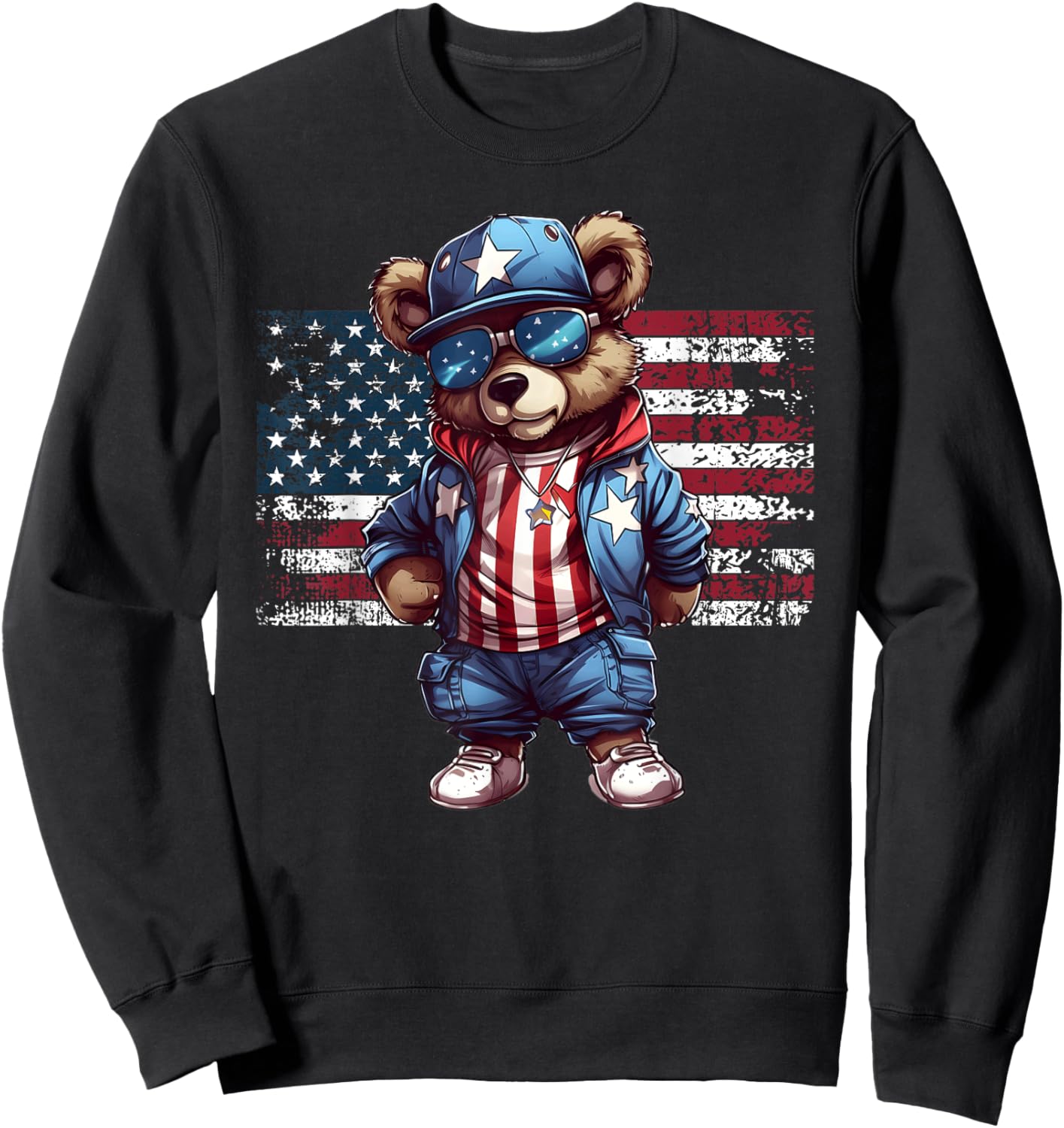 4th of July Hip Hop Teddy Bear USA Streetwear American Flag Sweatshirt - Sweatshirt | Black