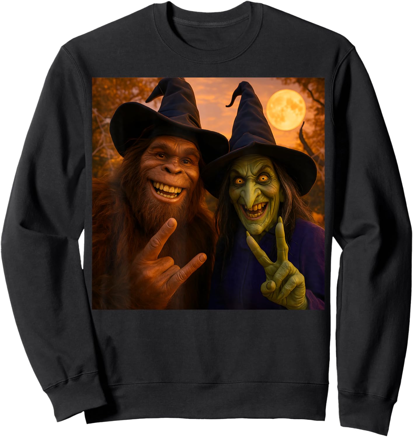 Bigfoot Witch Funny Halloween Selfie 2025 Sweatshirt - Sweatshirt | Black