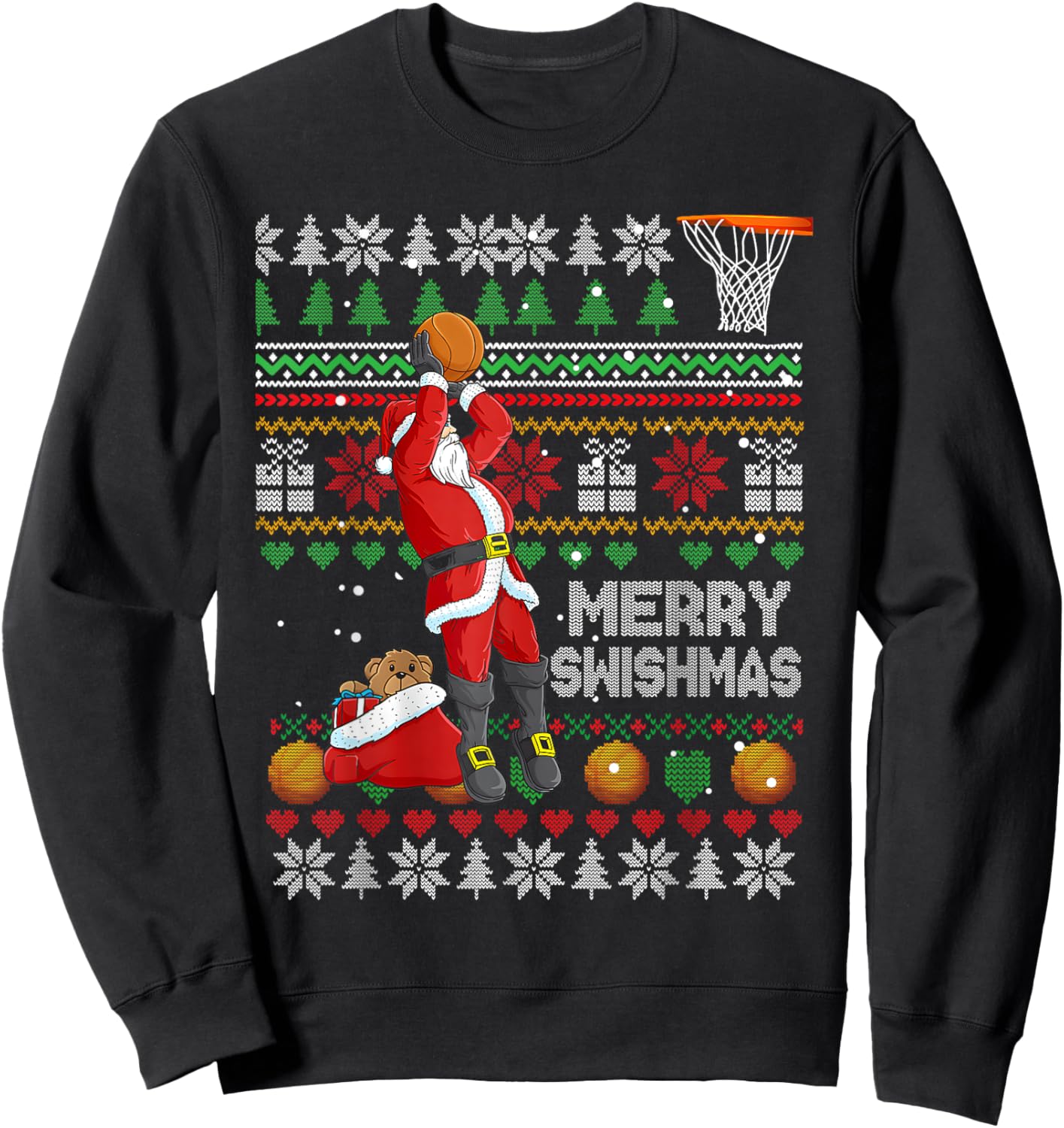 Funny Merry Swishmas Christmas Santa Playing Basketball Kids Sweatshirt - Sweatshirt | Black