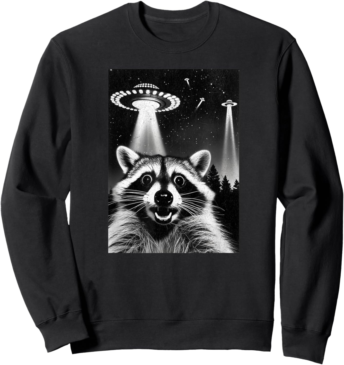 Raccoon UFO | Funny Invasion Meme Alien Raccoon UFO Selfie Sweatshirt - Sweatshirt | Black