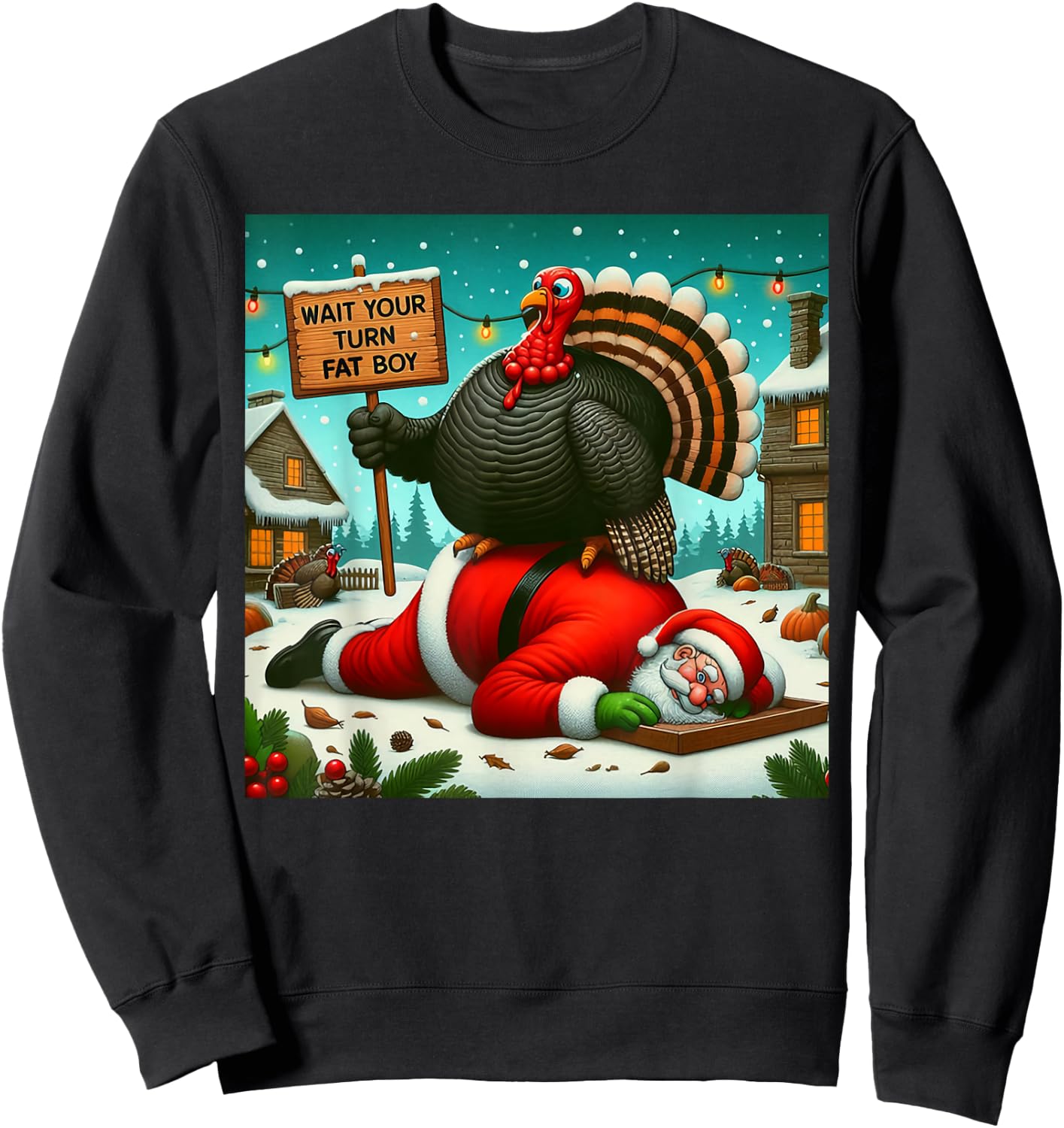 Wait Your Turn Fat Boy Turkey Santa Funny Thanksgiving Xmas Sweatshirt - Sweatshirt | Black