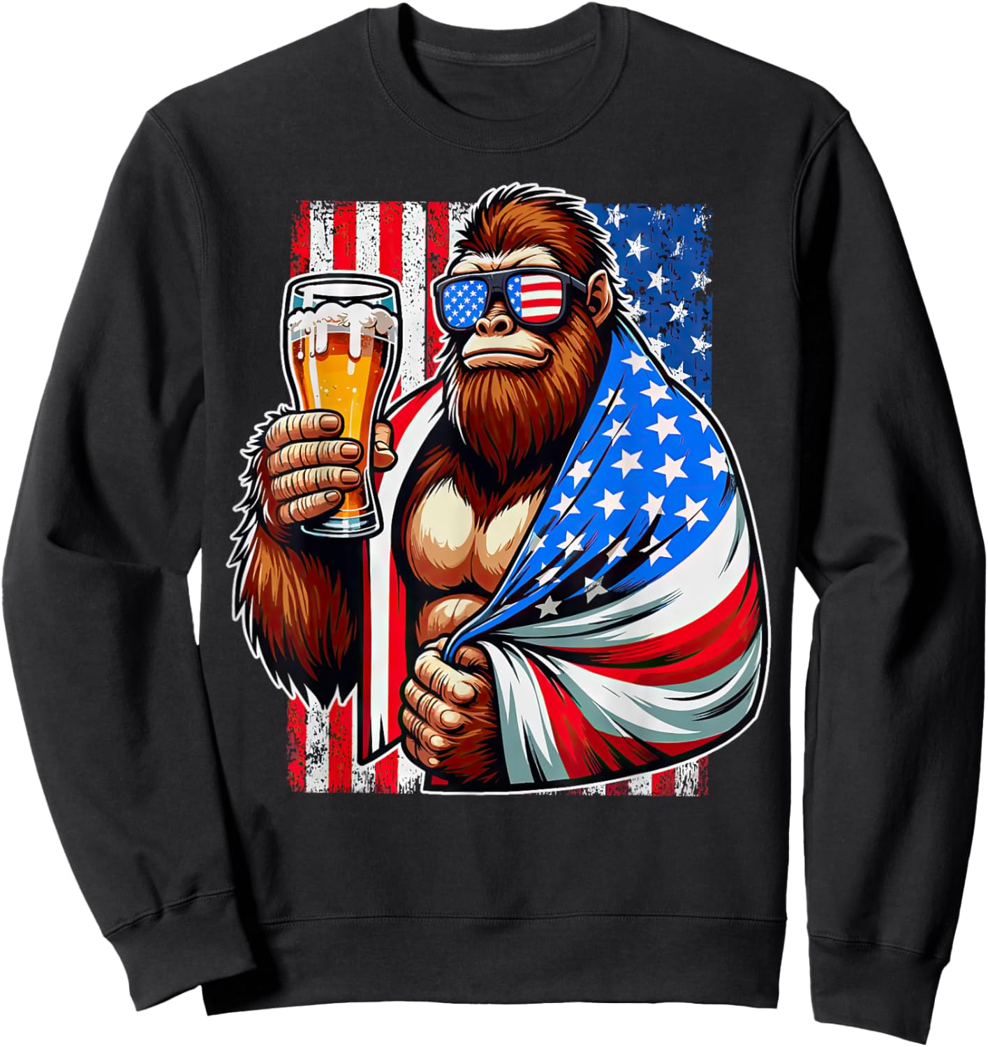 Bigfoot American Flag Drinking Beer 4th Of July Patriotic Men Sweatshirt - Sweatshirt | Black