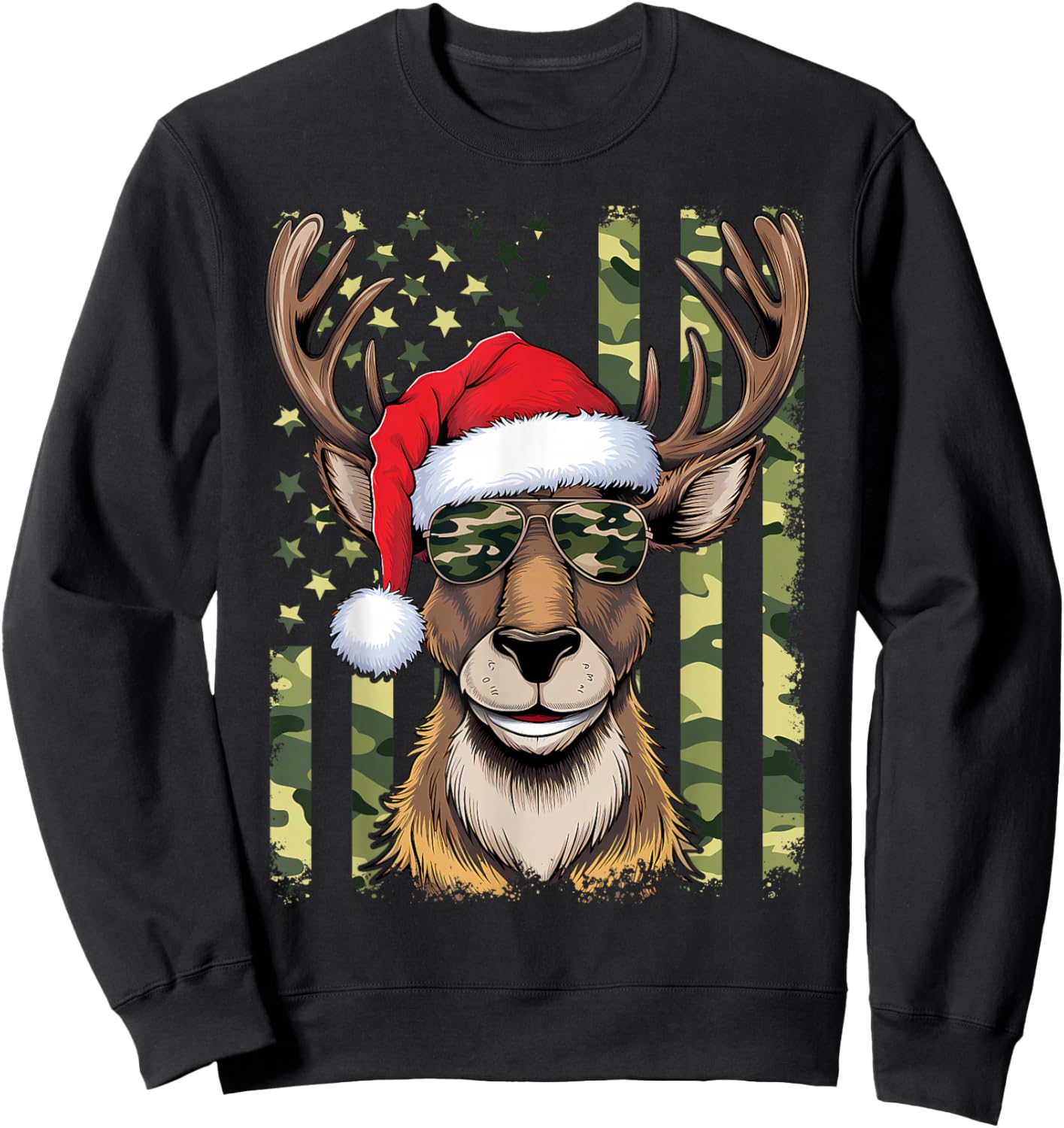 Reindeer Camo American Flag Christmas Pajama X-Mas Veteran Sweatshirt - Sweatshirt | Black