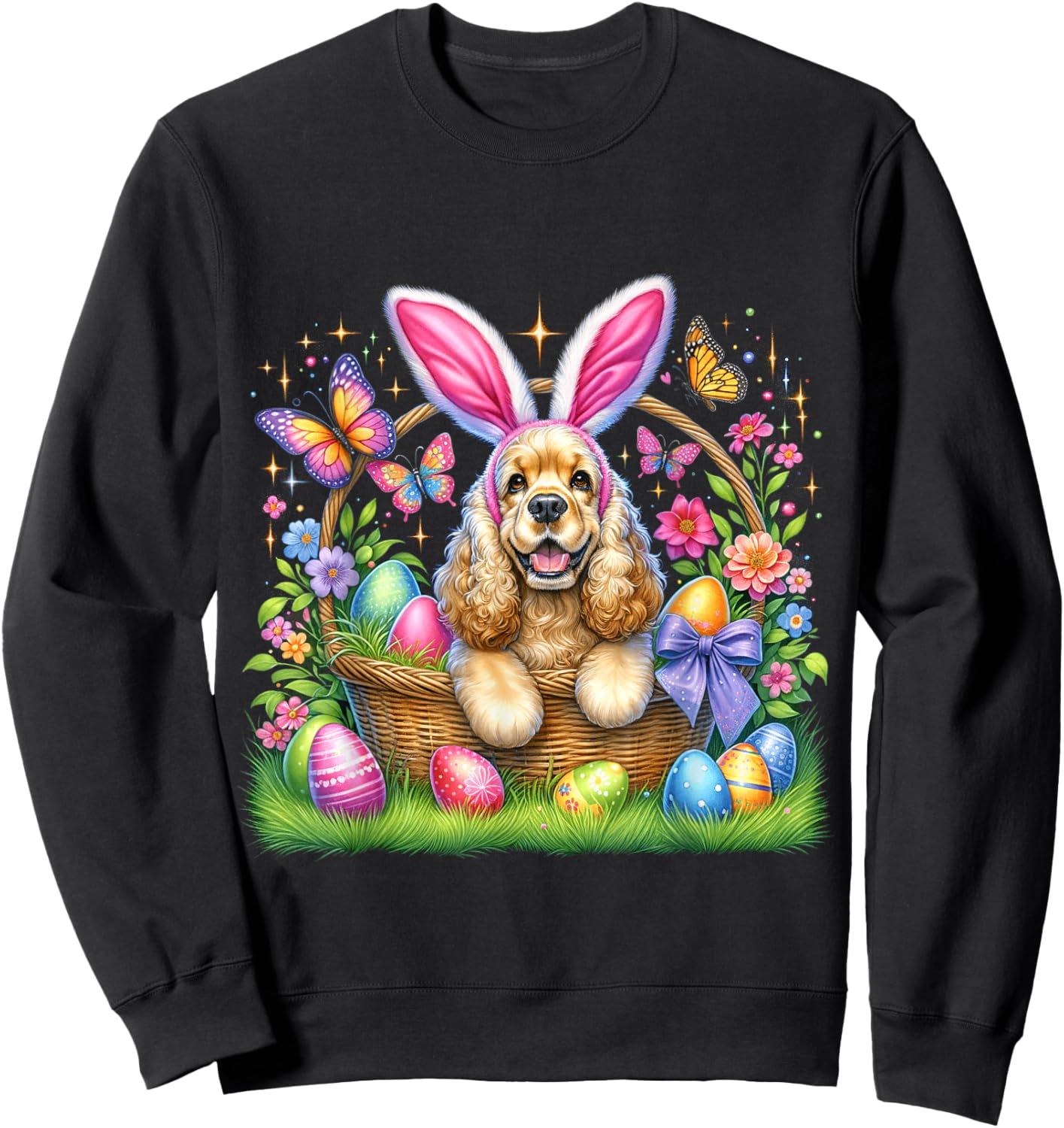 Cute Bunny Cocker Spaniel Dog Easter Eggs Basket Easter Day Men Women Girls Kids Sweatshirt - Sweatshirt | Black