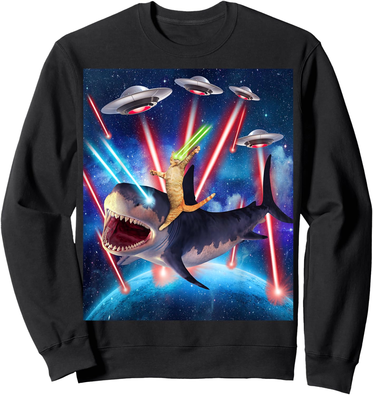 Space Cat Riding Shark Laser Eyes UFO Funny Kitty Cat Women Girls Kids Sweatshirt - Sweatshirt | Black