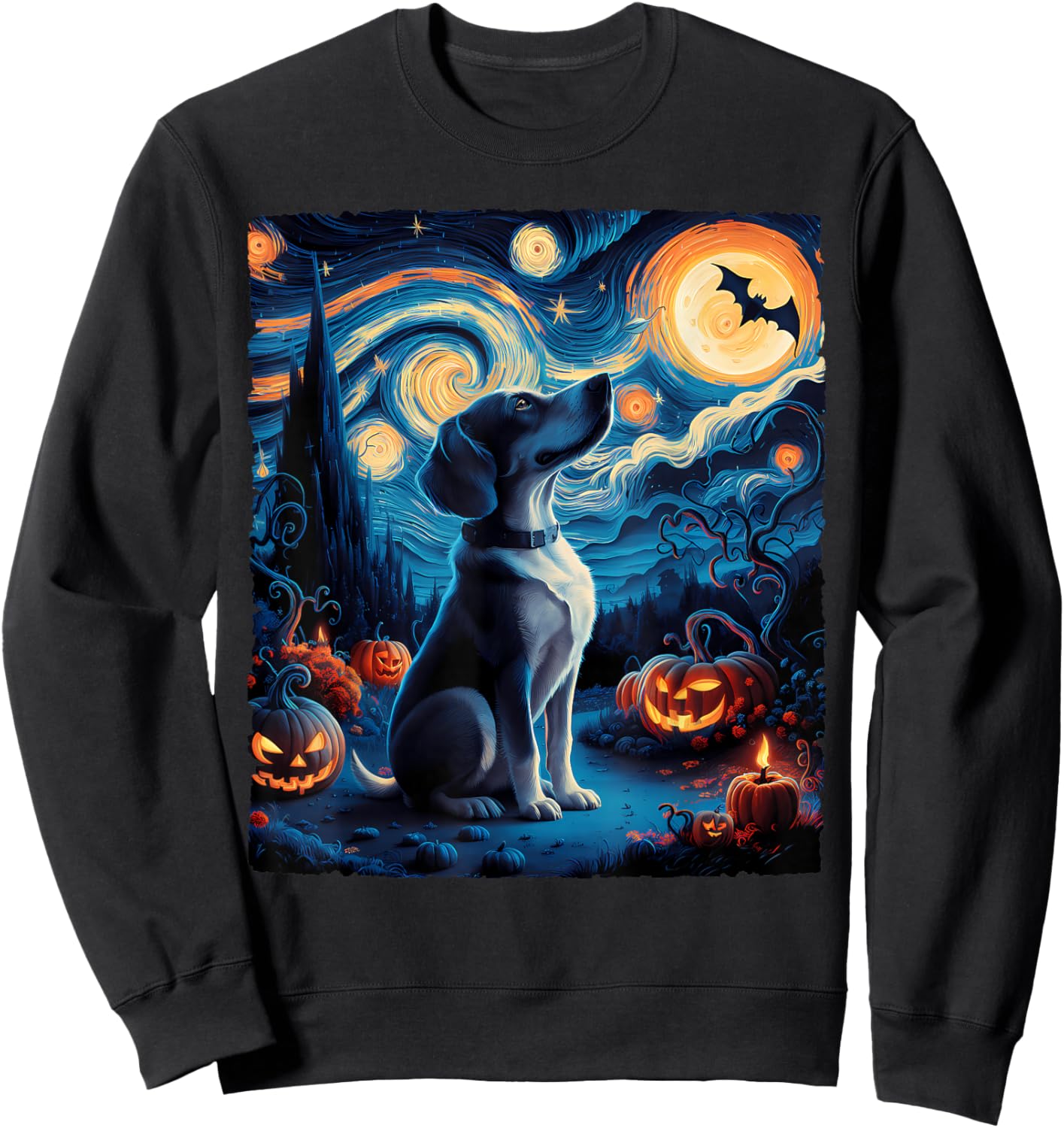 Van Gogh' Starry Night Dog Pumpkins Bats Funny Halloween Women Kids Sweatshirt - Sweatshirt | Black