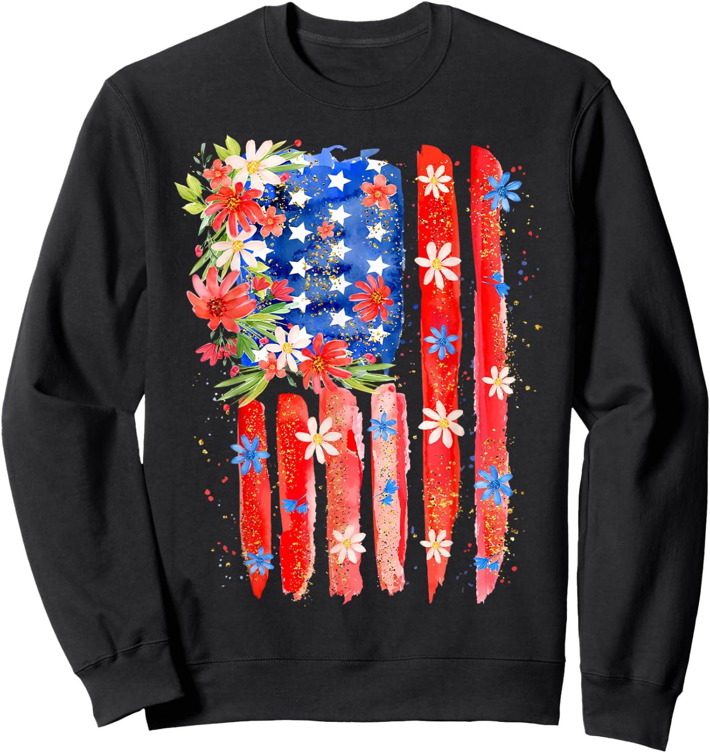 Flower Brushstroke US Flag 4th Of July Patriotic Graphic Sweatshirt - Sweatshirt | Black