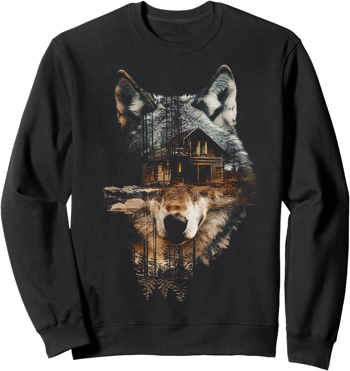 Wolf Nature House Animal Trees Illustration Art Wolf Sweatshirt - Sweatshirt | Black