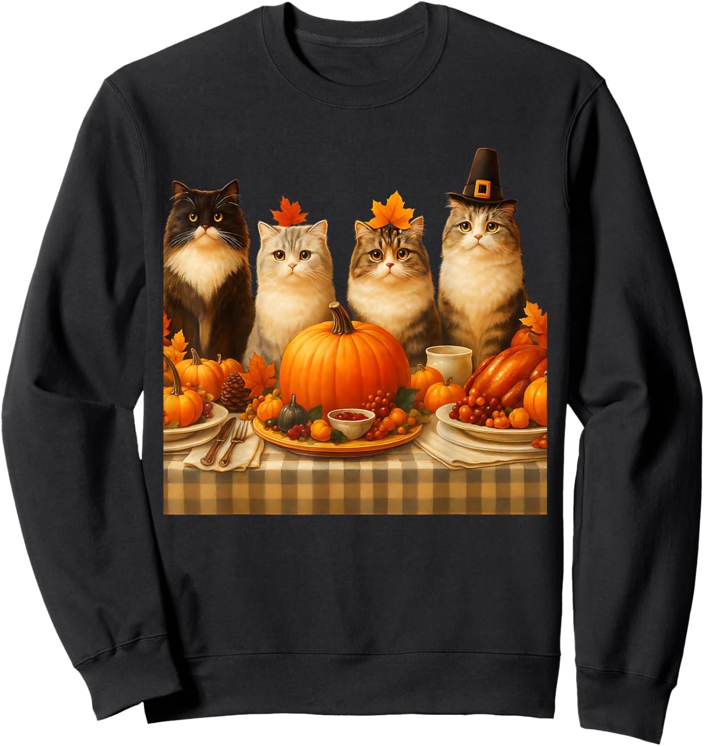 Thanksgiving Cats Dinner Feast Vintage Fall Men Women Kids Sweatshirt - Sweatshirt | Black