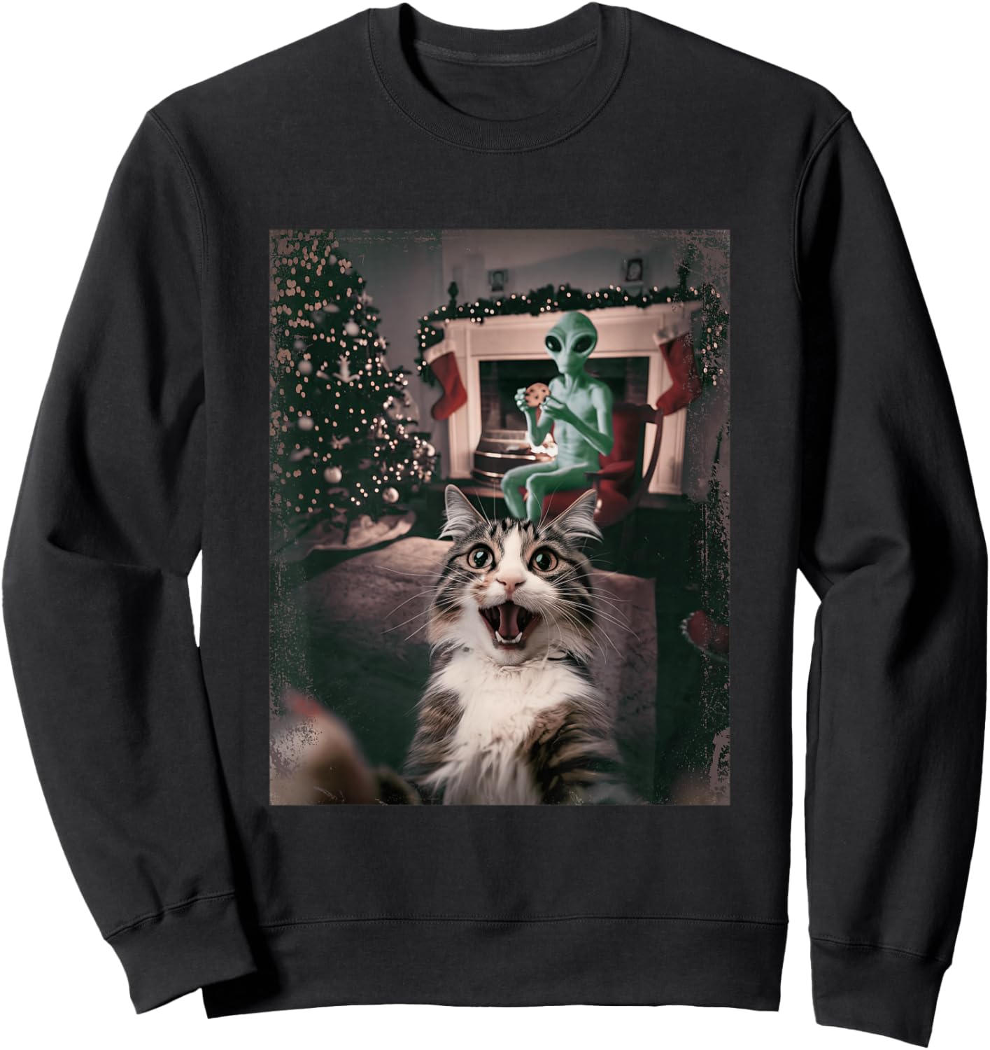 Funny Xmas Cat Selfie Alien Ugly Sweater Christmas Outfit Sweatshirt - Sweatshirt | Black