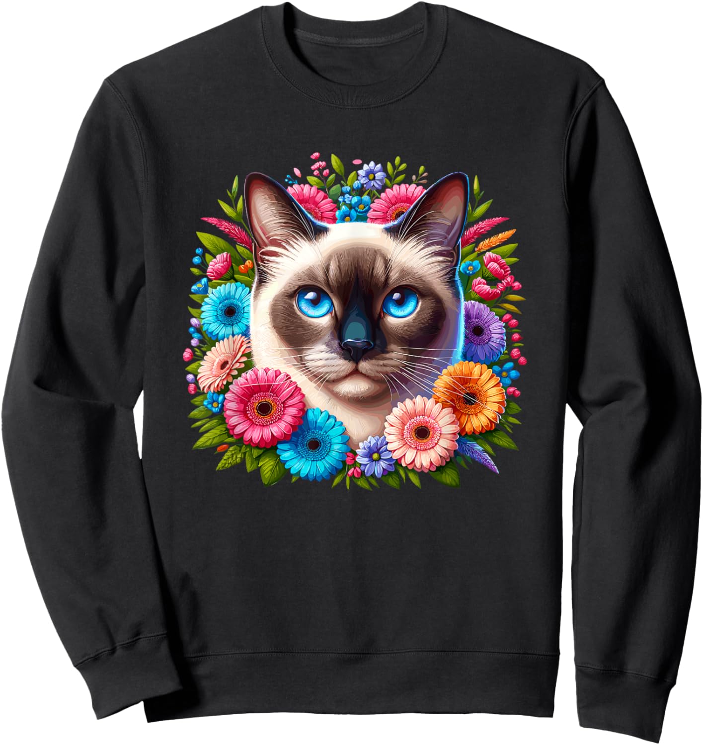 Floral Flowers Siamese Cat Meezer Men Women Kids Sweatshirt - Sweatshirt | Black