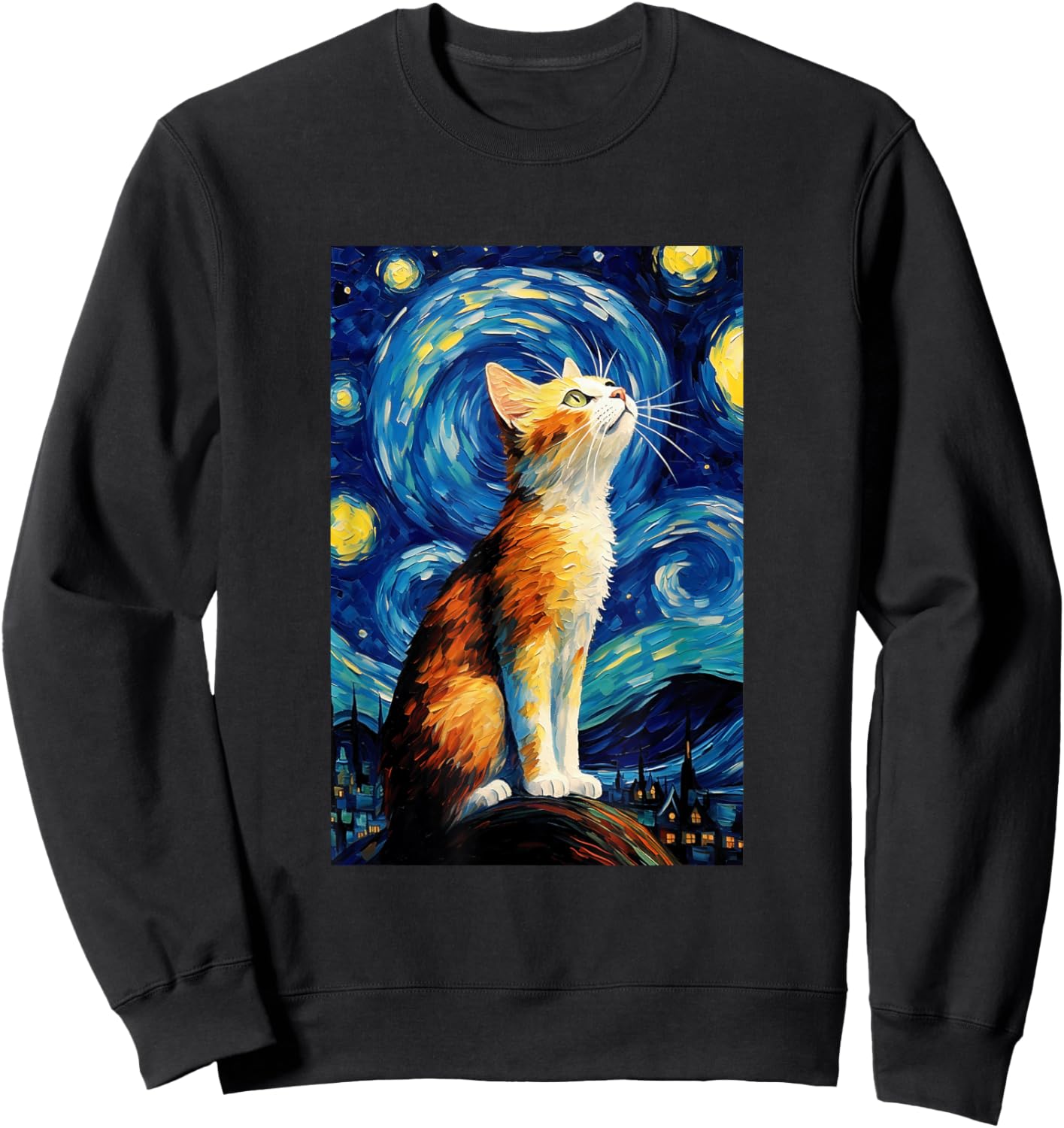 Cat Van Gogh Style Starry Night Graphic Sweatshirt - Sweatshirt | Black