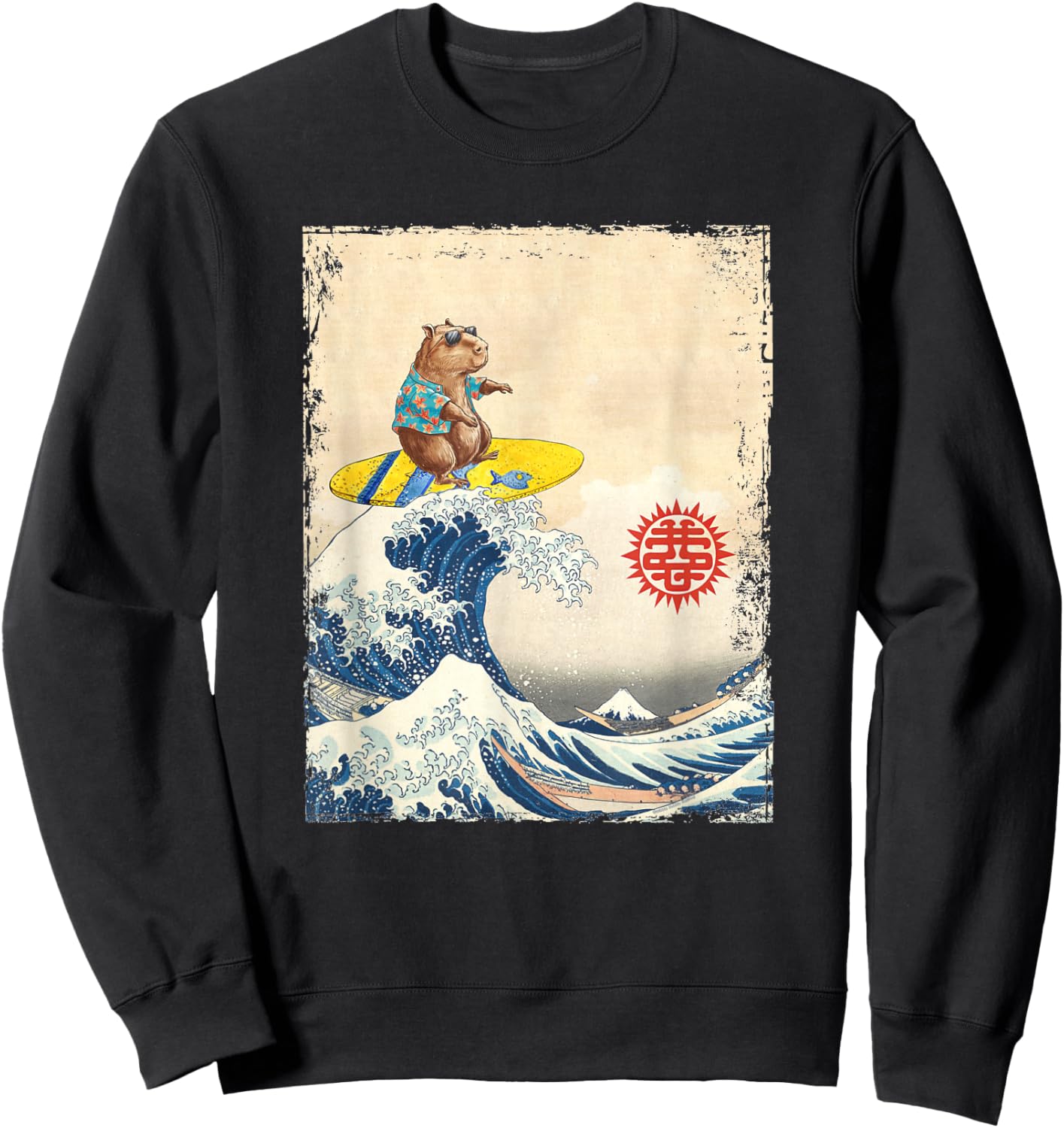 Cute Japanese Great Wave Kanagawa Surfing Capybara Sweatshirt - Sweatshirt | Black