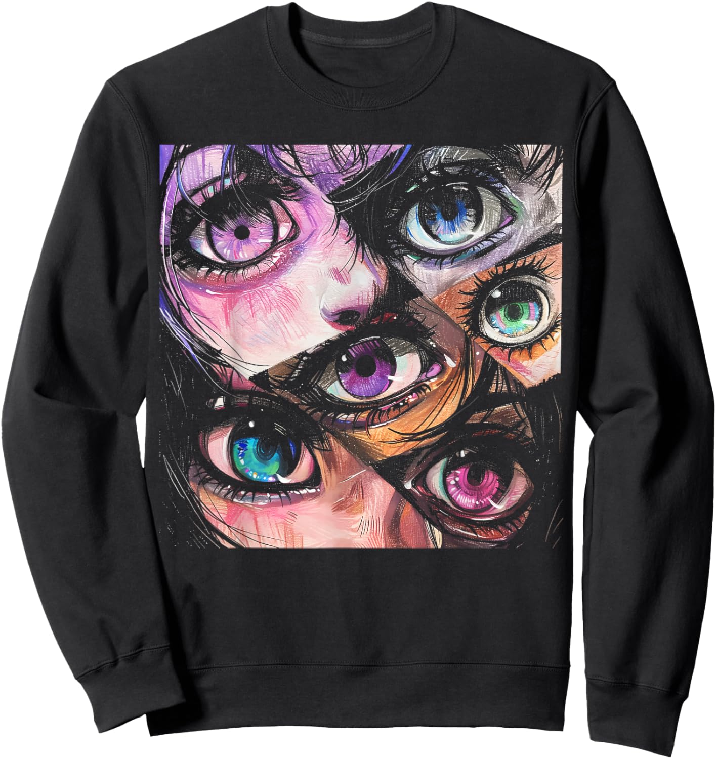 Anime Eyes Art Otaku Pastel Waifu Pink Grunge Alt Aesthetic Sweatshirt - Sweatshirt | Black