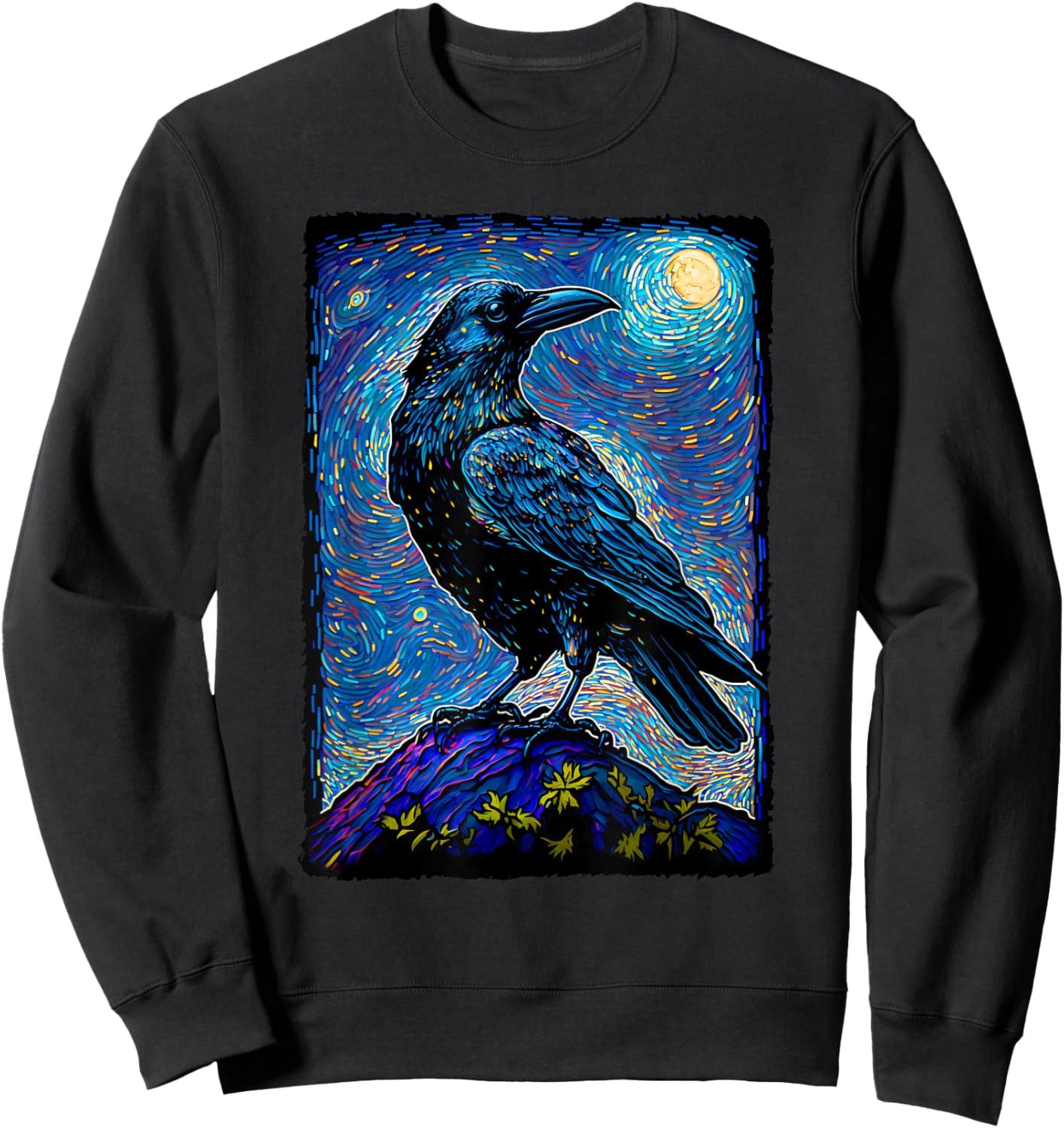Raven Starry Night Style Painting, Van Gogh Crow Lover Sweatshirt - Sweatshirt | Black