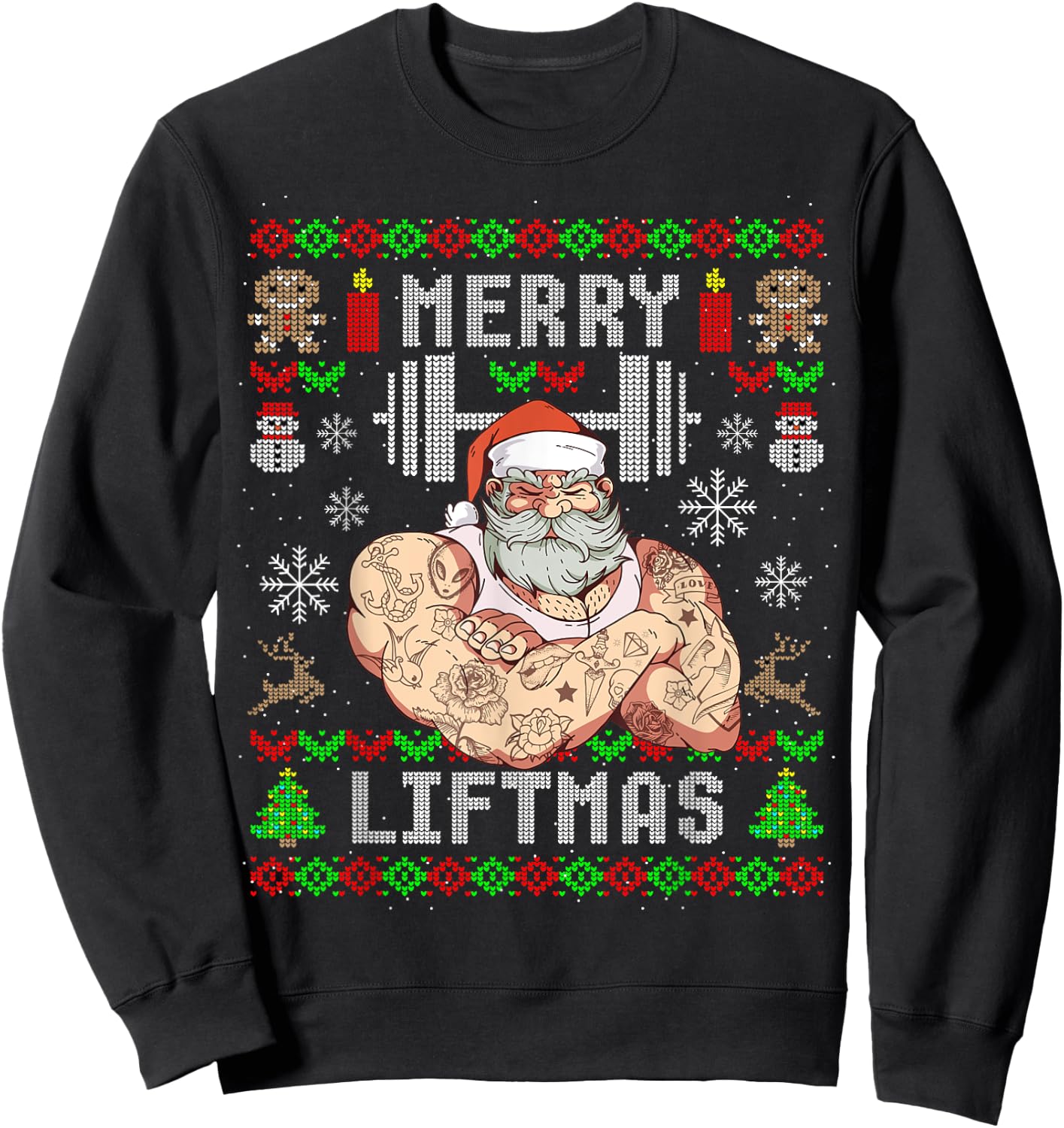 Funny Merry Liftmas Ugly Christmas Workout Powerlifting Sweatshirt - Sweatshirt | Black