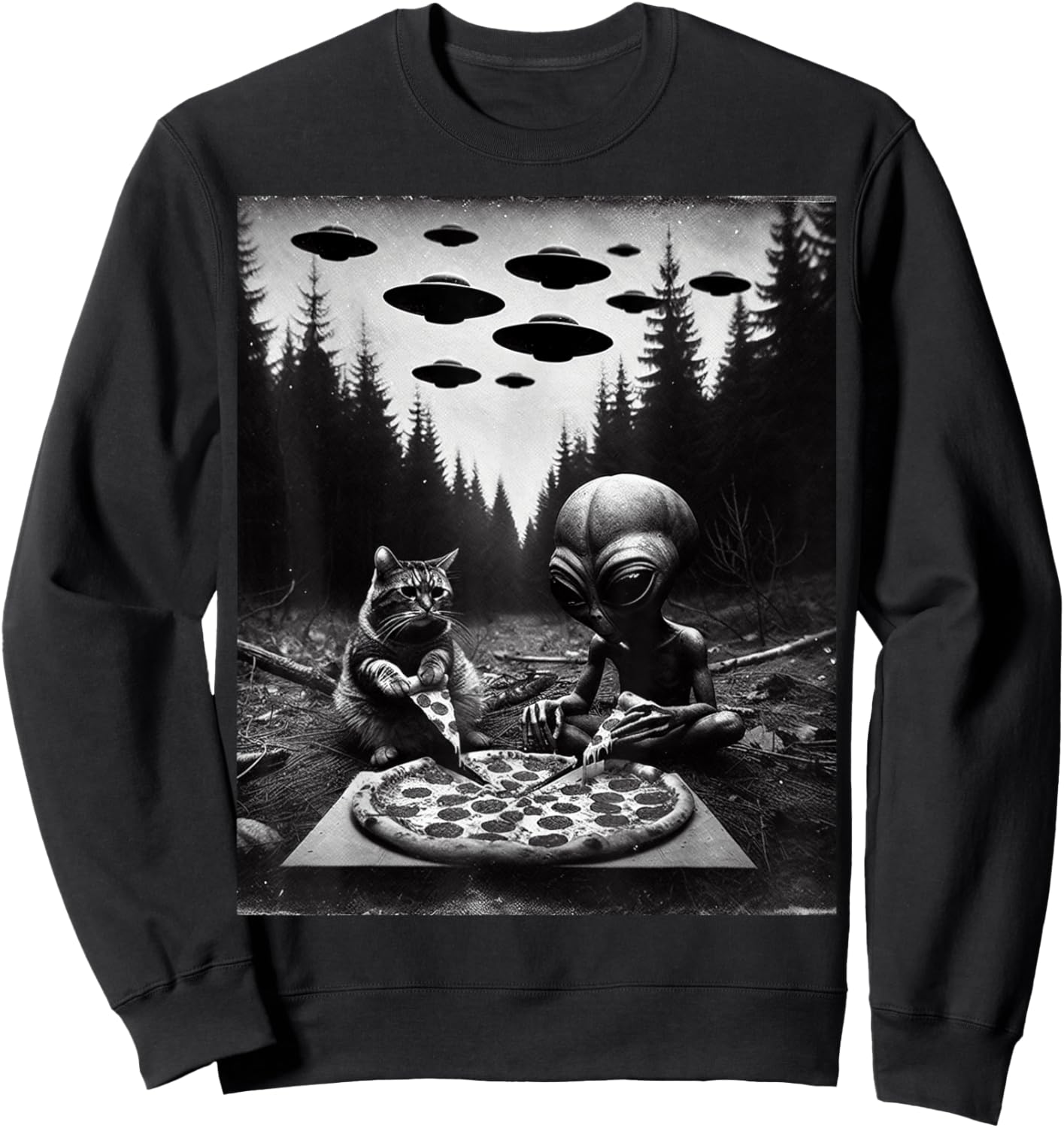 Funny Cat With Alien Eating Pizza. Cat And UFO Spaceship Sweatshirt - Sweatshirt | Black