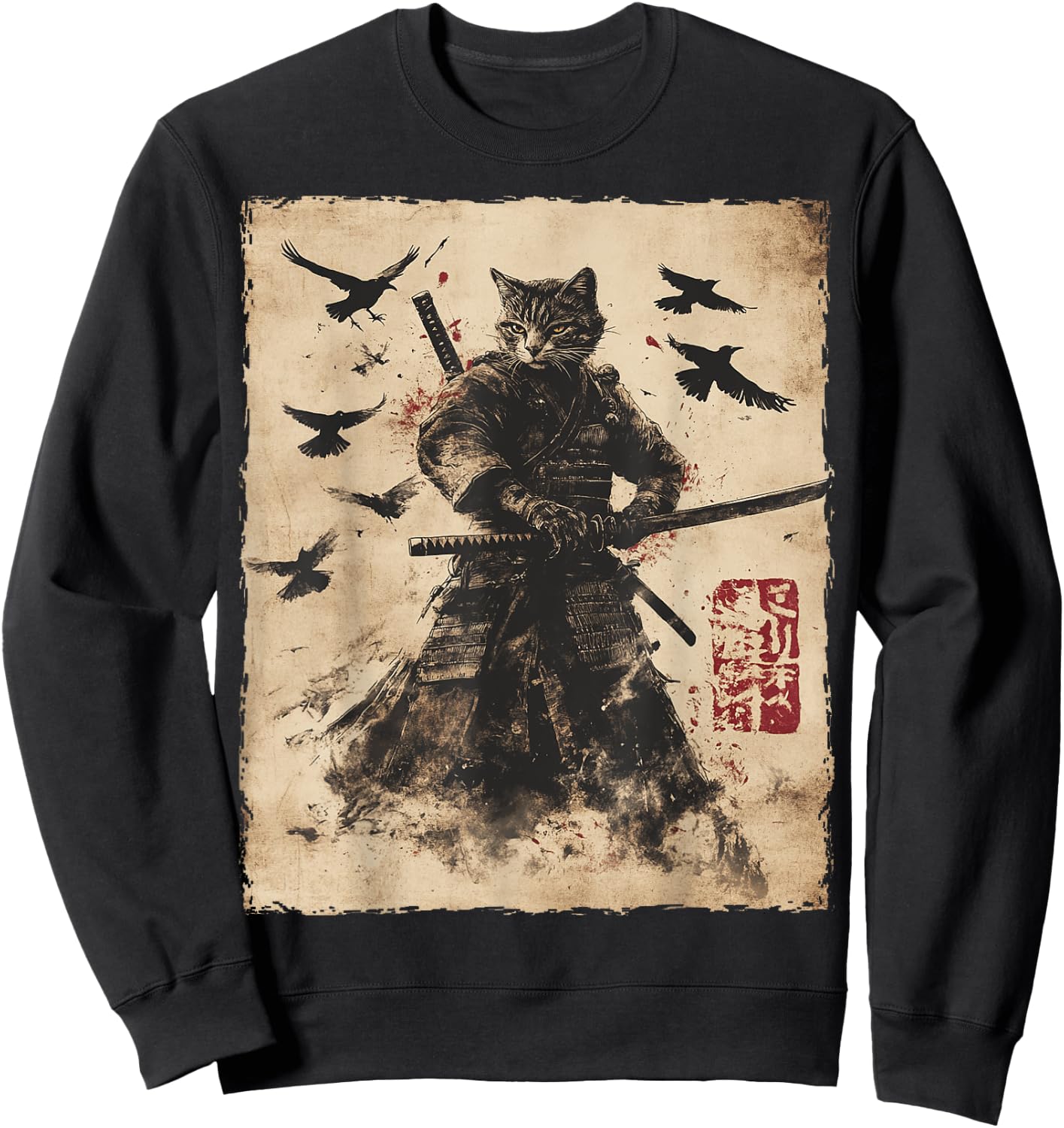 Cat Samurai Graphic Japanese Warrior Anime Men Women Kids Sweatshirt - Sweatshirt | Black