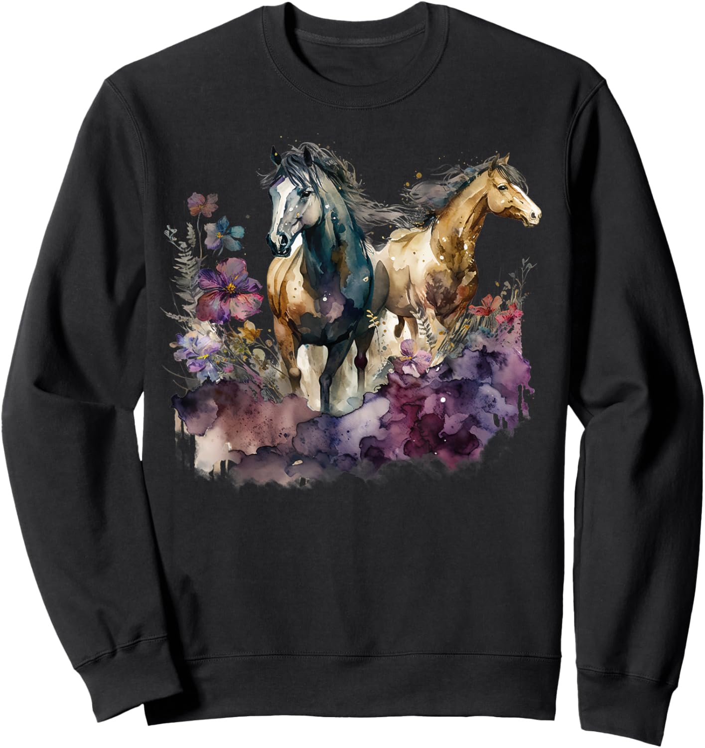 Horses Flowers Wild Mane Boho Western Southern Cowgirl Sweatshirt - Sweatshirt | Black