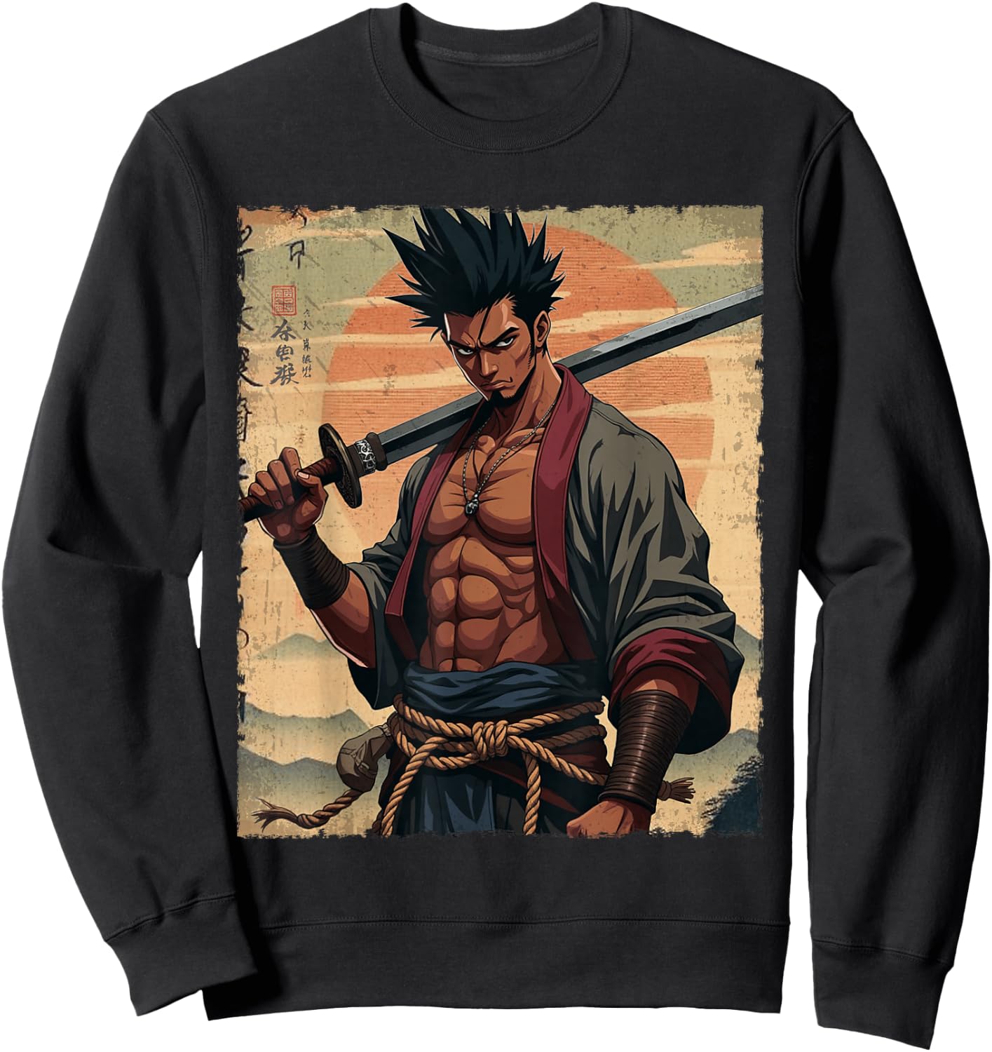 African Samurai Anime Afro American Bushido Warrior Katana Sweatshirt - Sweatshirt | Black
