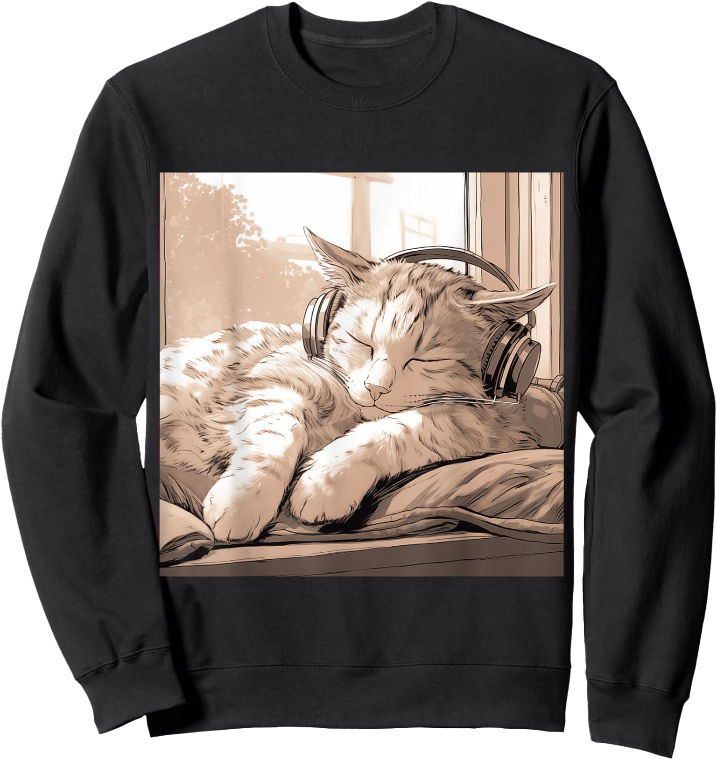 Sleeping Lo-Fi Manga Cat Wearing Headphones Sweatshirt - Sweatshirt | Black