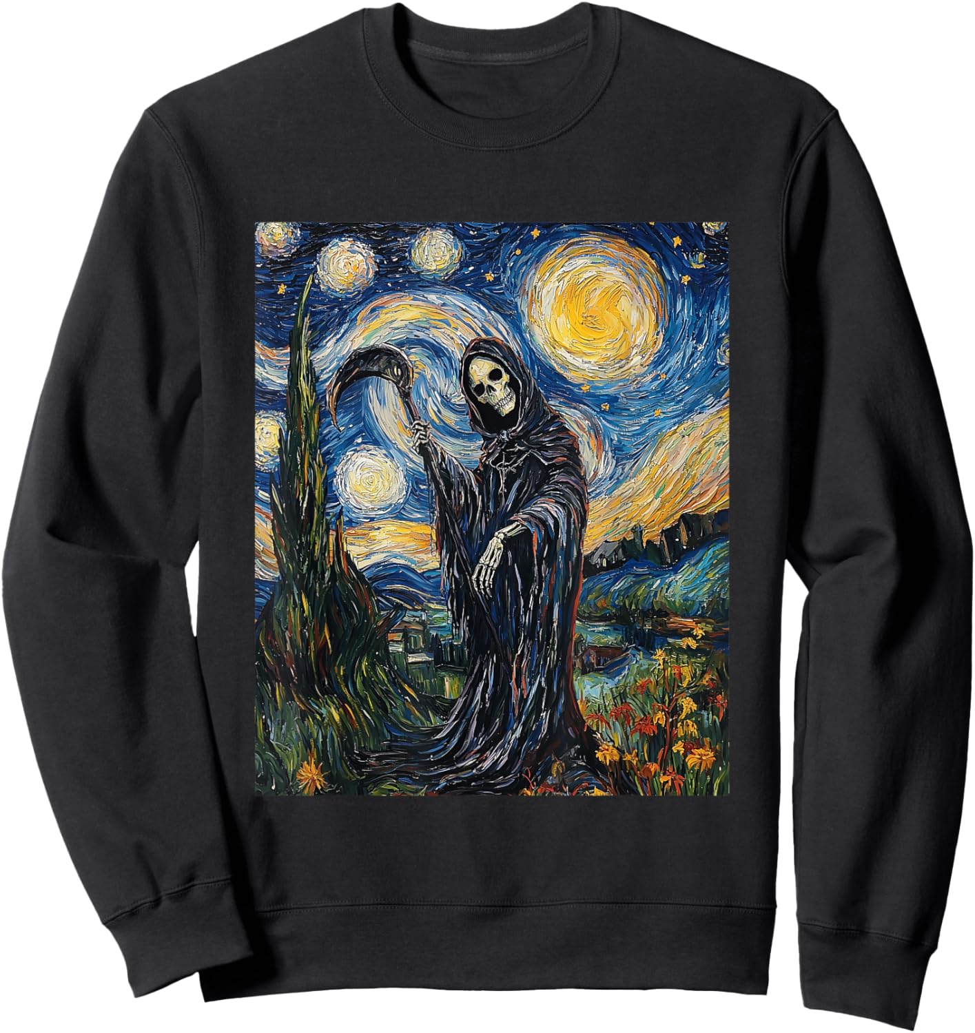 Grim Reaper Skeleton - Van Gogh Style - Starry Night Sweatshirt - Sweatshirt | Black