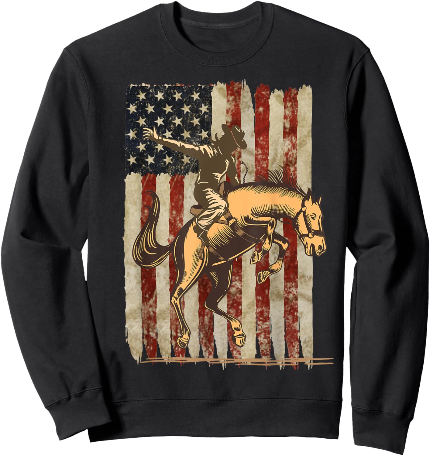 Patriotic Rodeo Cowboy Bronc Rider: Distressed US Flag Sweatshirt - Sweatshirt | Black