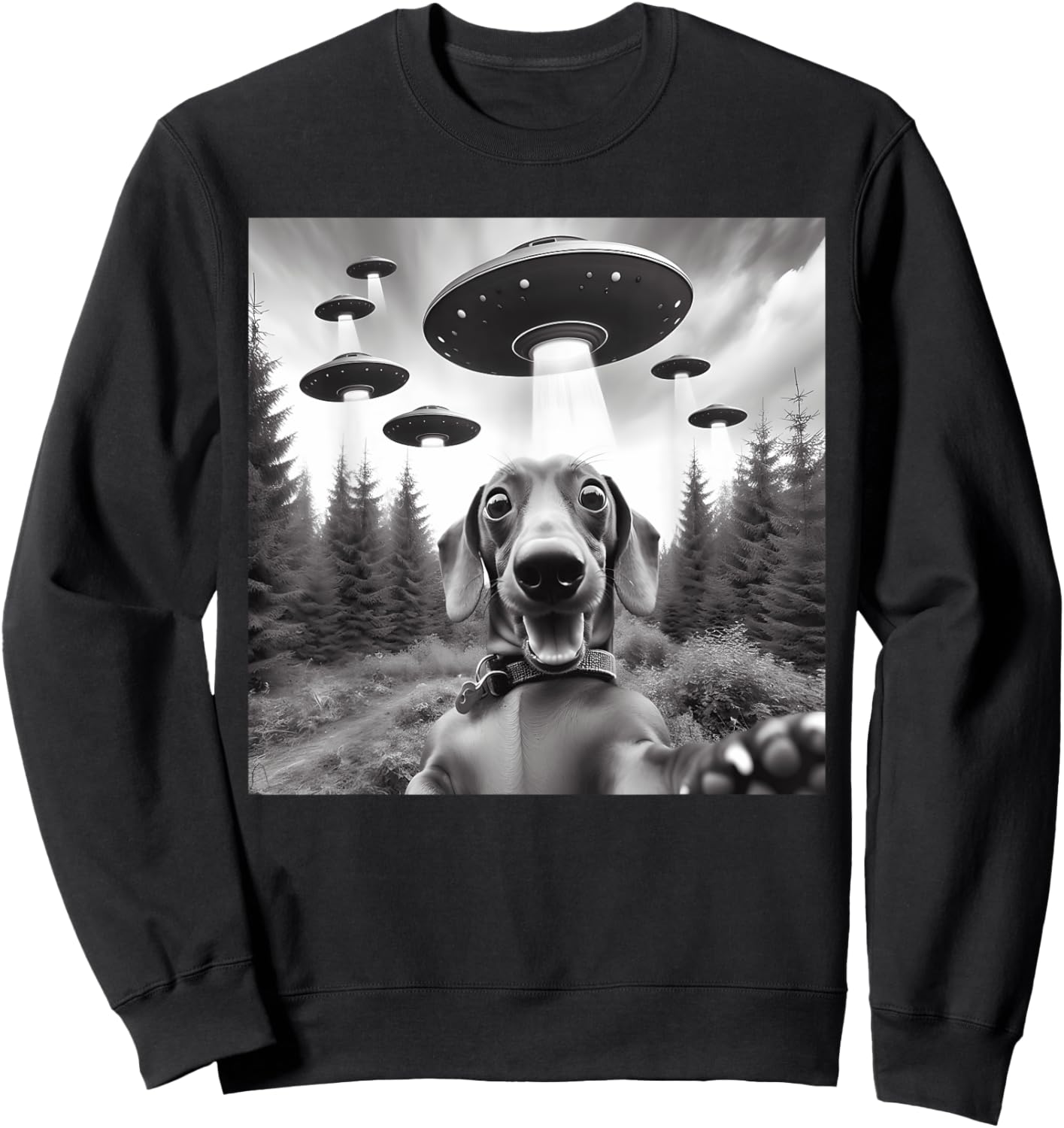 Dachshund Selfie with UFOs Outer Space Alien Kids Dog Owners Sweatshirt - Sweatshirt | Black