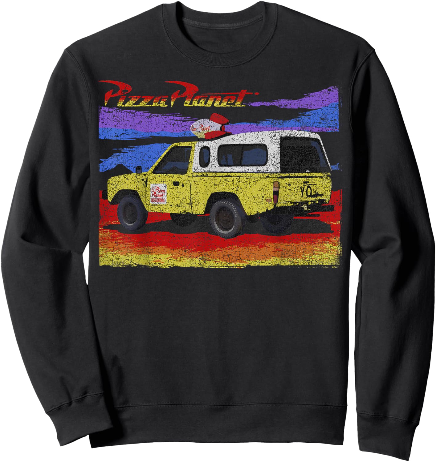 Disney Pixar Toy Story Pizza Planet Truck Retro Distressed Sweatshirt - Sweatshirt | Black