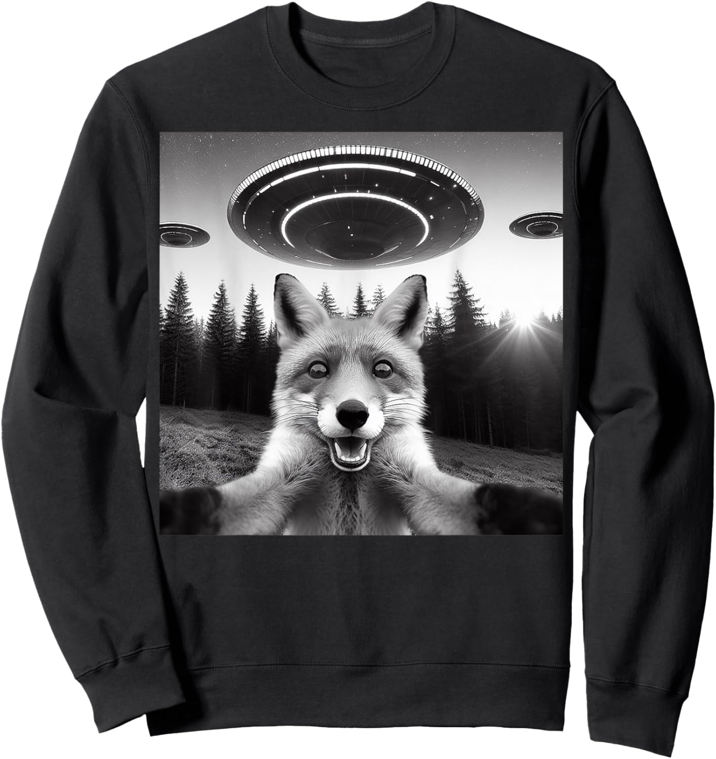 Fox Selfie With Alien UFO Funny Fox Gifts Women Kid Sweatshirt - Sweatshirt | Black