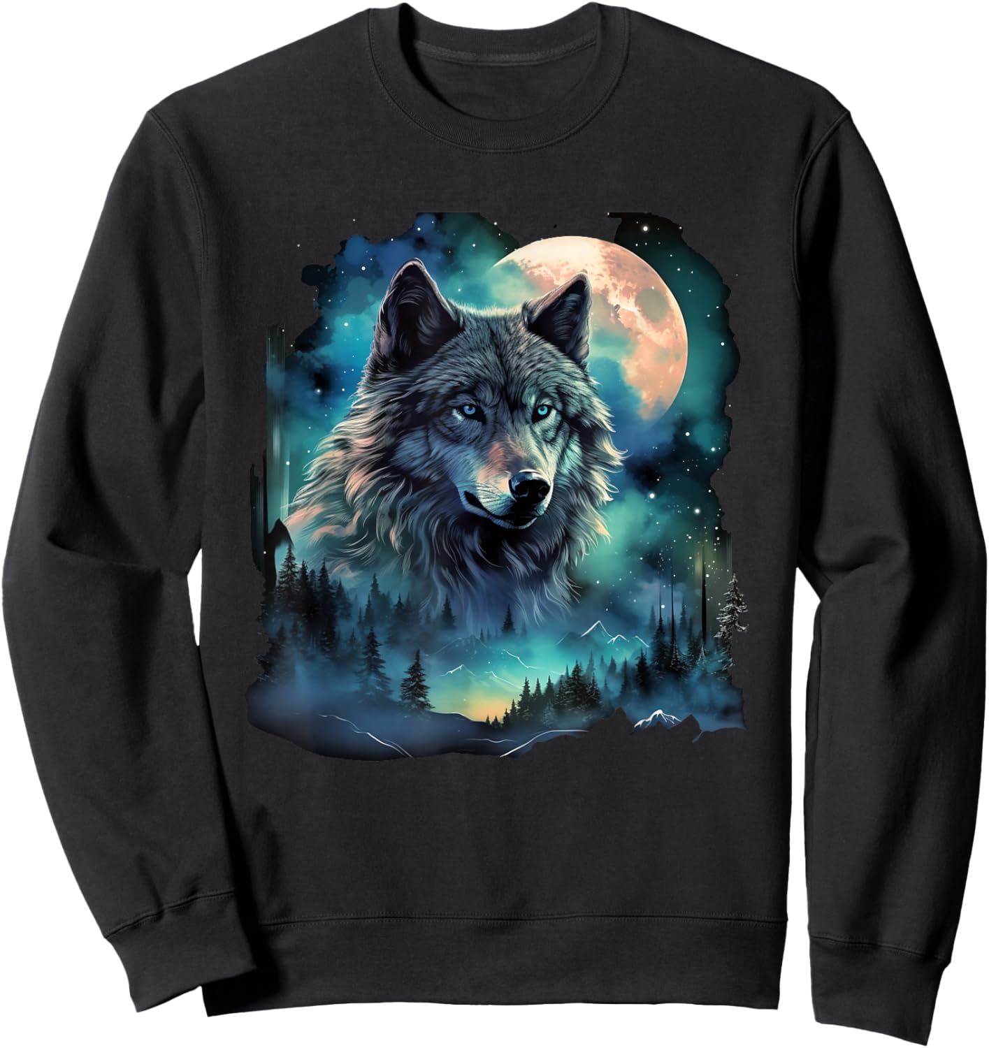 Grey Wolf Hunting Grounds ICY Moon Forest Galaxy Sweatshirt - Sweatshirt | Black